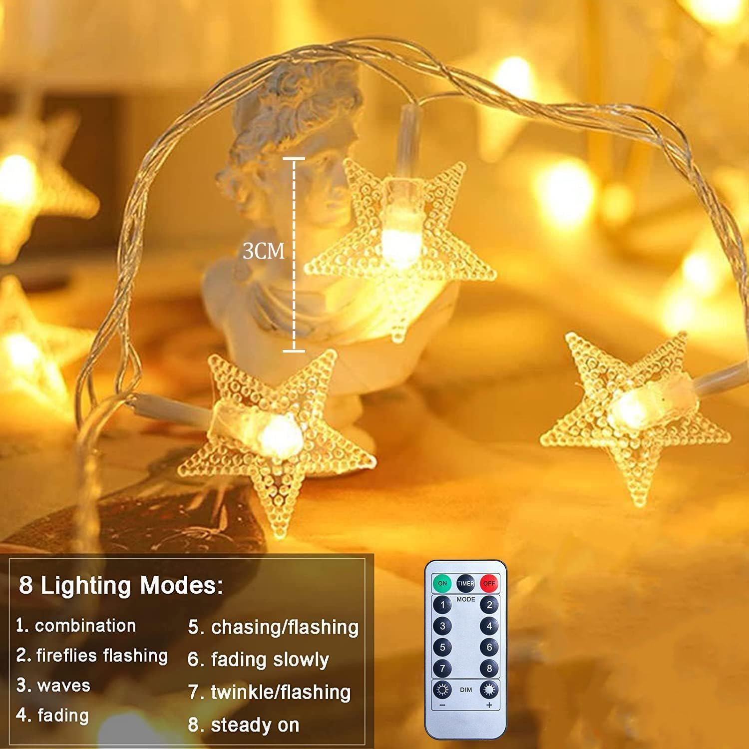 Star Lights 10M 100Led, Star String Lights USB Powered 8 Modes&Timer Star Fairy Lights Waterproof Led Star Lights Twinkle Christmas Lights Bedroom Porch Christmas Light Indoor Outdoor Warm White image number 1