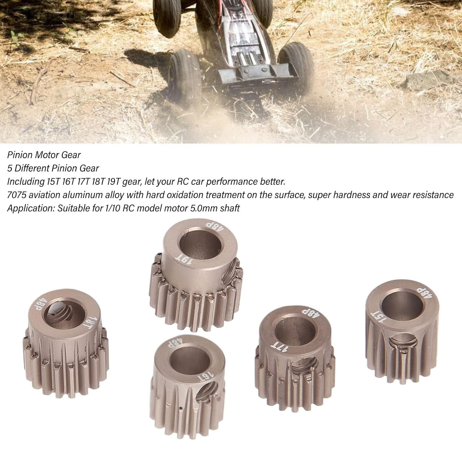 48P Pinion Gear, 7075 Aluminium Alloy 1/10 RC Pinion Gear 15T 16T 17T 18T 19T Pinion Motor Gear Fit for 5Mm Shaft, Stable Operation 48DP Motor Pinion Gear with L Shaped Wrench image number 5