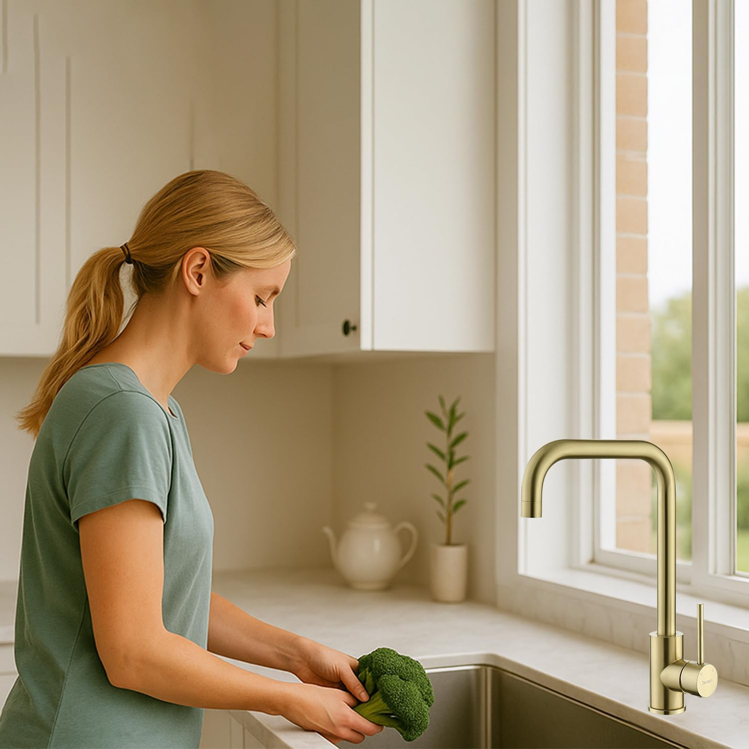 Decaura L-Spout Kitchen Mixer Tap Lead-Free Sink Faucet 360 Swivel Laundry Basin Taps (&lrm;Brushed Gold) - Brushed Nickel image number 4