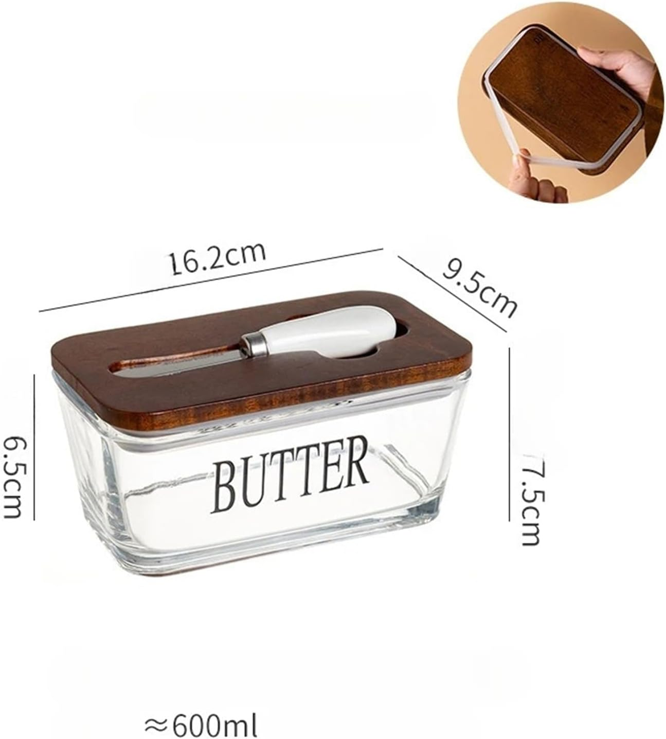 AVITONG Glass Butter Dish with Lid and Spreader, 600Ml Large Capacity Butter Keeper with Bamboo/Walnut Wooden Lid, Stackable Storage Container image number 3