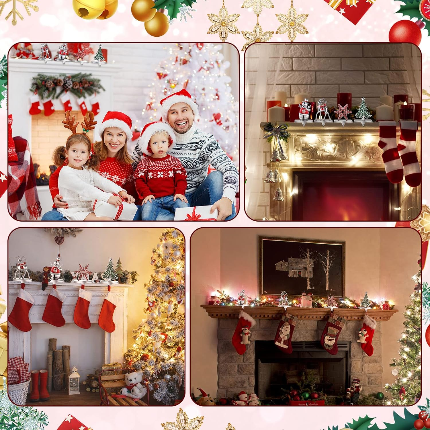 Zhengmy Set of 4 Christmas Stocking Holders for Mantle Reindeer Snowflake Snowman Pine Tree Metal Standing Hook Decorative Holder Stand Silver Stockings Hanger Xmas Fireplace, Blue, Red, Green image number 2