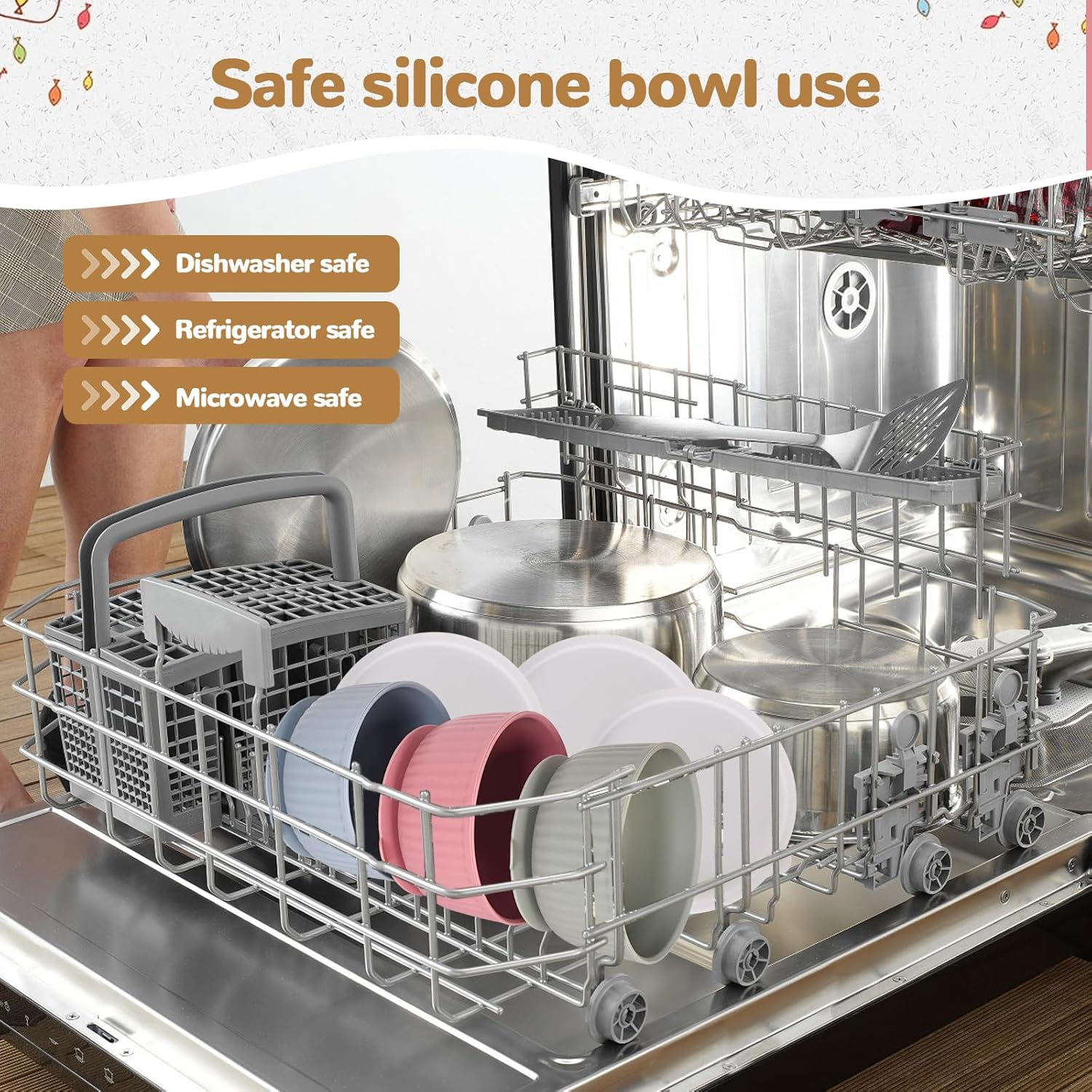 Set of 3 Silicone Cat Bowls with Lid, Non-Slip Suction Cup Feeding Bowls Set, for Kittens and Small Dogs, Microwave Dishwasher Safe, Striped Design Pet Bowls image number 4