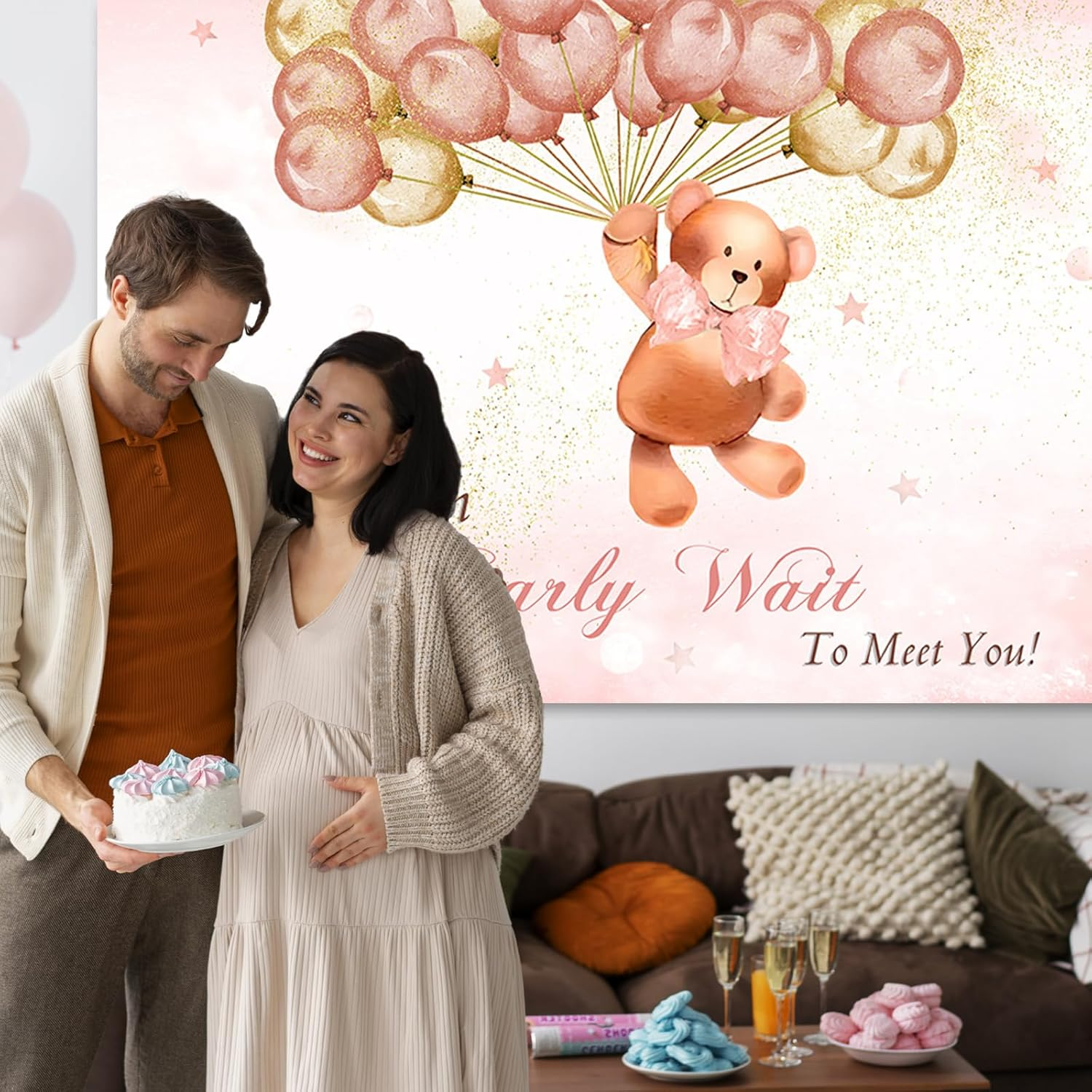 APROPHIC Bear Boy Baby Bathing Background We Can Look Forward to Meeting You Pink Balloon Gold Glitter Photo Background Party Banner Cake Table Decoration Photo Stand Accessories 210 X 150 Cm image number 4