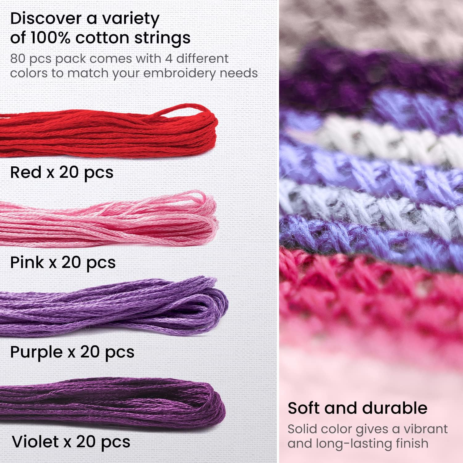 Arteza Embroidery Thread Pack &ndash; 80 Skeins of Embroidery Floss, 20 Each of Red, Pink, Purple & Violet &ndash; 100% Mercerized Cotton Friendship Bracelet String &ndash; Cross Stitch Supplies, 700 Yards per Pack image number 6