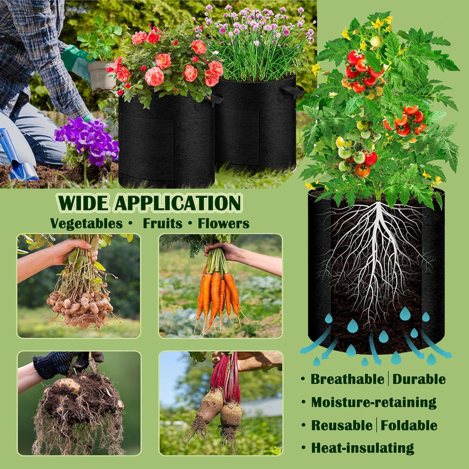 2-Pack 15 Gallon Potato Grow Bags - Plant Growing Bags with Handles & 2 Visible Flap for Potatoes, Carrots, Tomatoes and Other Vegetables image number 1