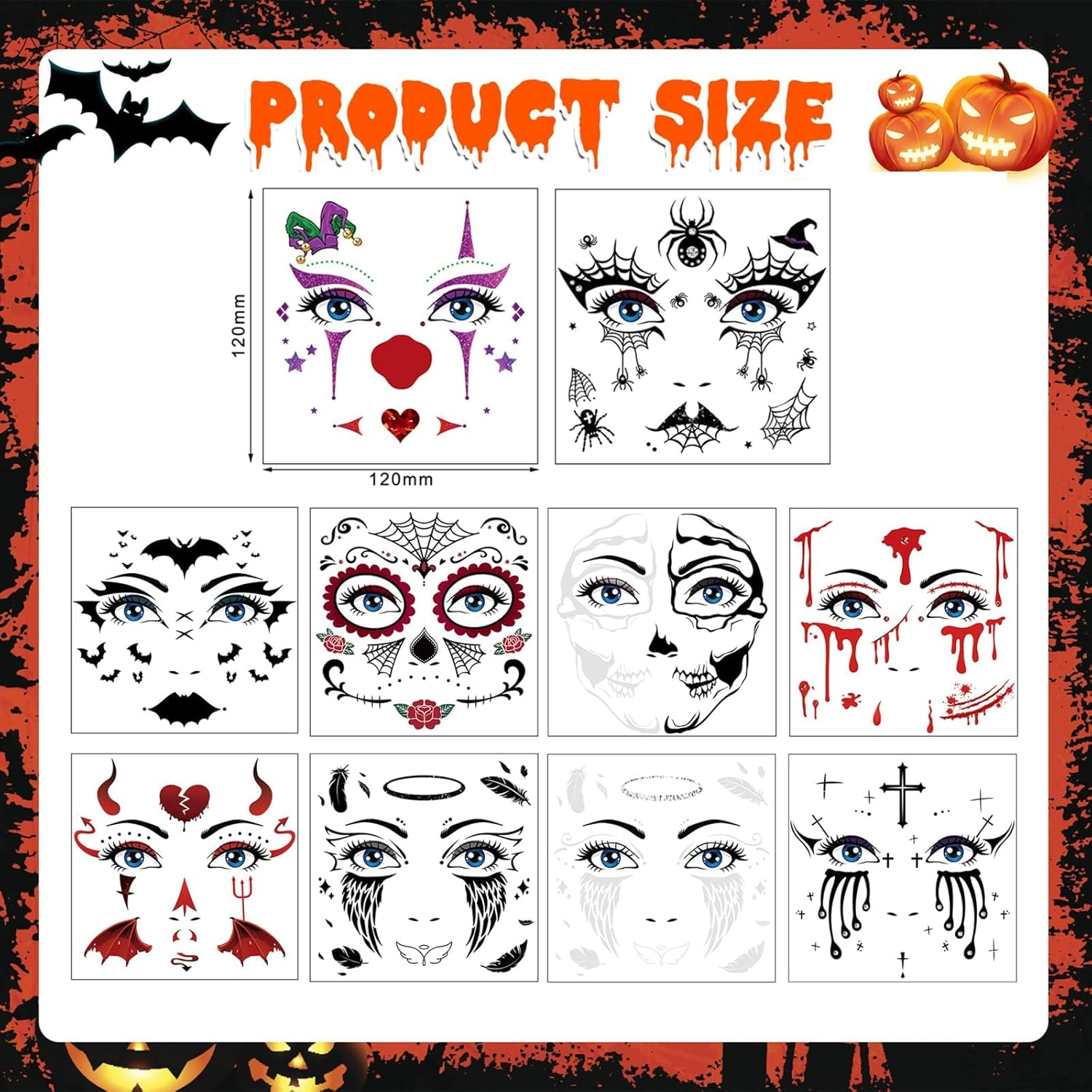10 Halloween Face Tattoos & Stickers - Day of the Dead, Spider Bat Devil Clown Scar Tattoos for Halloween Makeup & Costumes image number 3