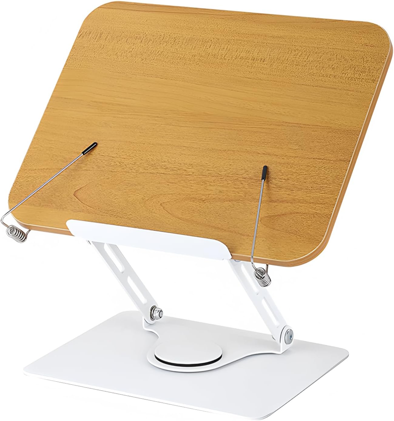 Book Stand for Reading, Adjustable Book Holder with 360&deg; Rotating Base, Foldable Cookbook Stand Recipe Book Holder with Elastic Page Clips for Music Scores, Recipe, Magazines, Tablet, Laptops (Silver)