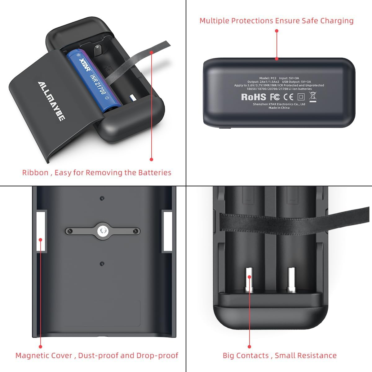 18650 Battery Charger with Output Function, XTAR PC2 USB C High-Speed Charger for 3.7V/3.6V Li-Ion Rechargeable Battery 18650/18700/20700/21700 Lithium Batteries (Black) image number 2