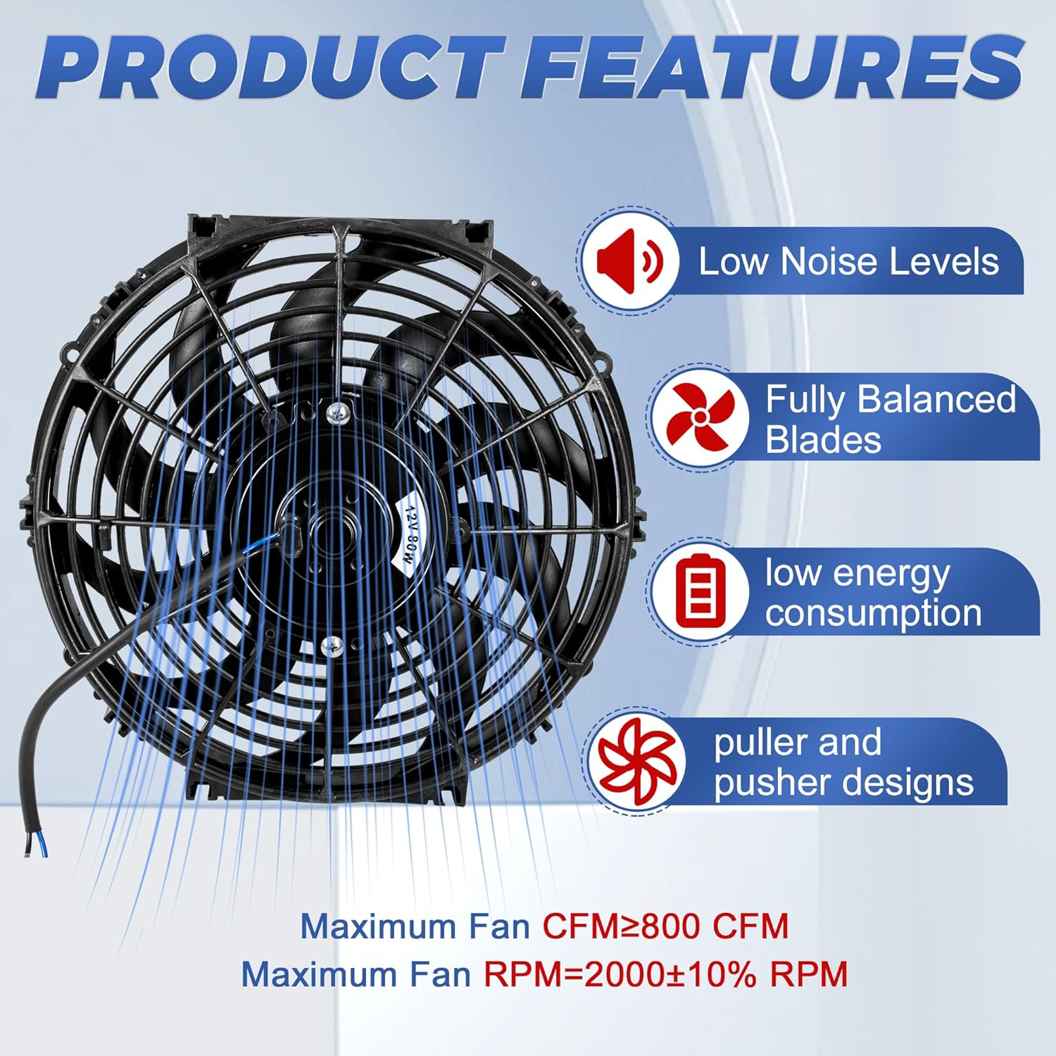 12 Inch 12&rdquo; Black Universal Electric Radiator Slim Fan 12V 80W High Performance Cooling Push Pull W/Mounting Kit 1PCS image number 2