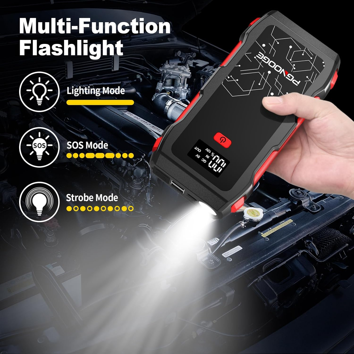 PGNOOGE 26800Mah 6000A Peak Car Jump Starter, Car Battery Booster for All Gas and up to 10L Diesel Engines, 12V Auto Emergency Jumper Starter with Flashlight, LED Display, USB Fast Charging image number 4