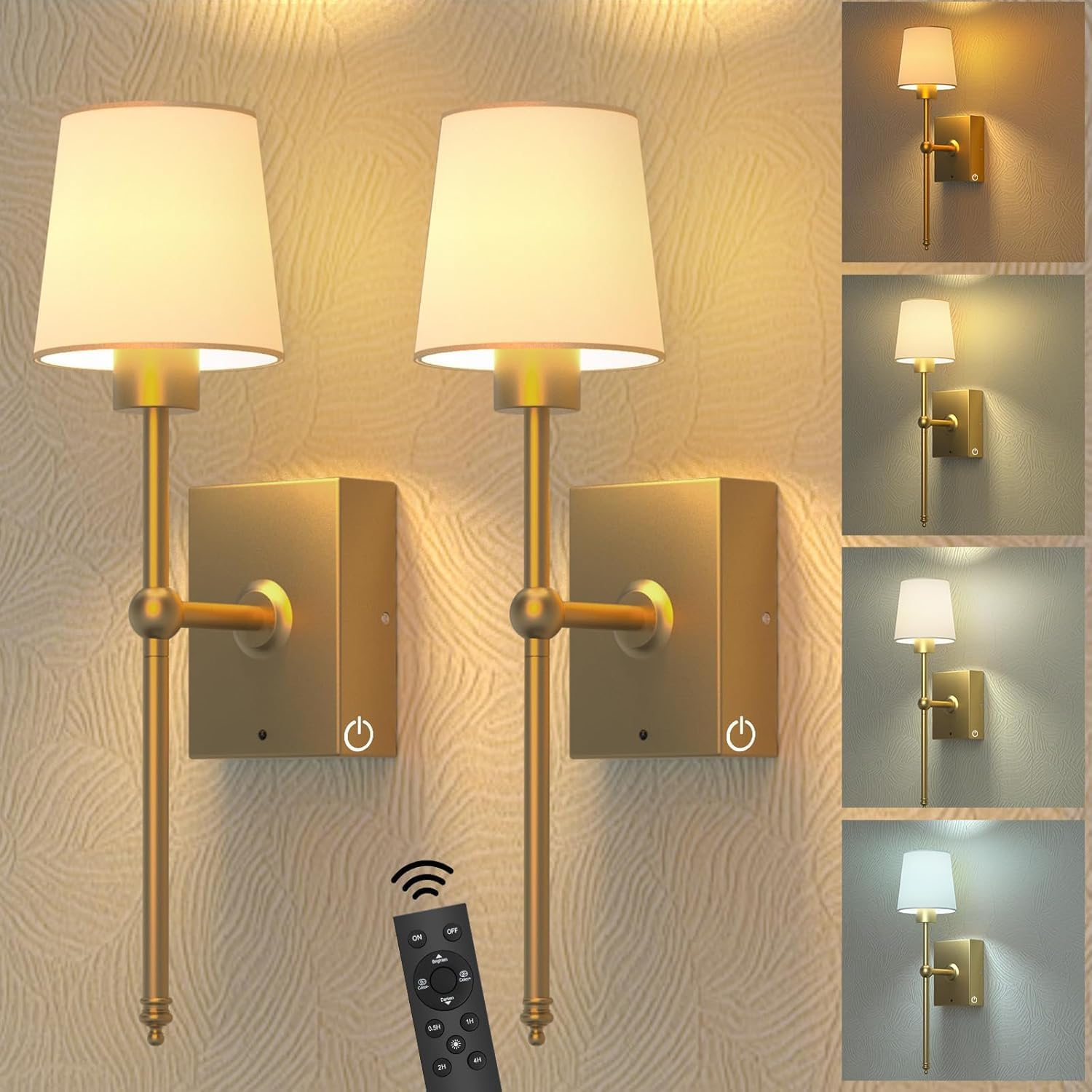 Tengdes Battery Operated Wall Sconces Set of 2, Rechargeable Wall Lights with Touch & Remote Control, Wireless Battery-Powered LED Wall Lamps for Bedroom, Living Room, Hallway, Bathroom (Gold)