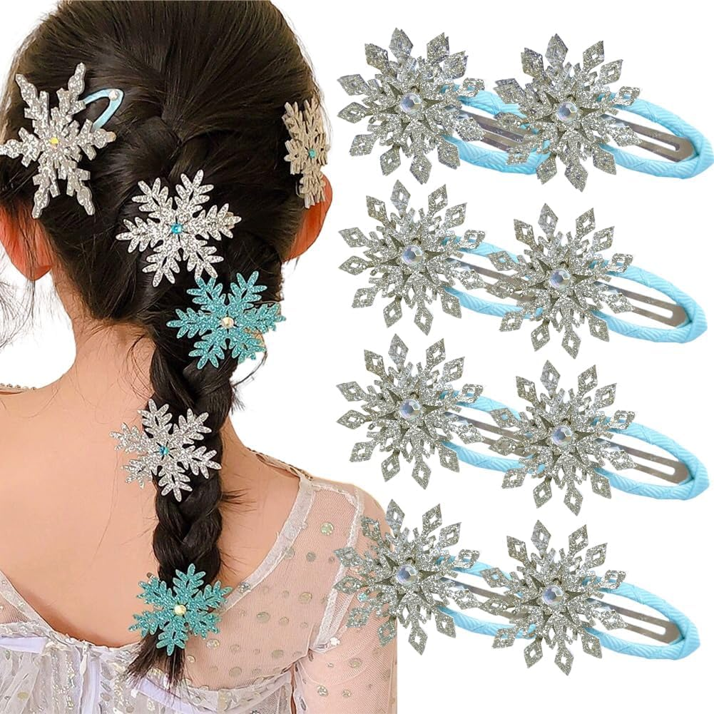 Snowflake Hair Clip Set, 8 Pieces Exquisite Christmas Snowflake Hair Clips, Snowflakes Hair Accessories Hair Clip with Shiny Rhinestones for Women Girls Winter Christmas Party Gift (F)