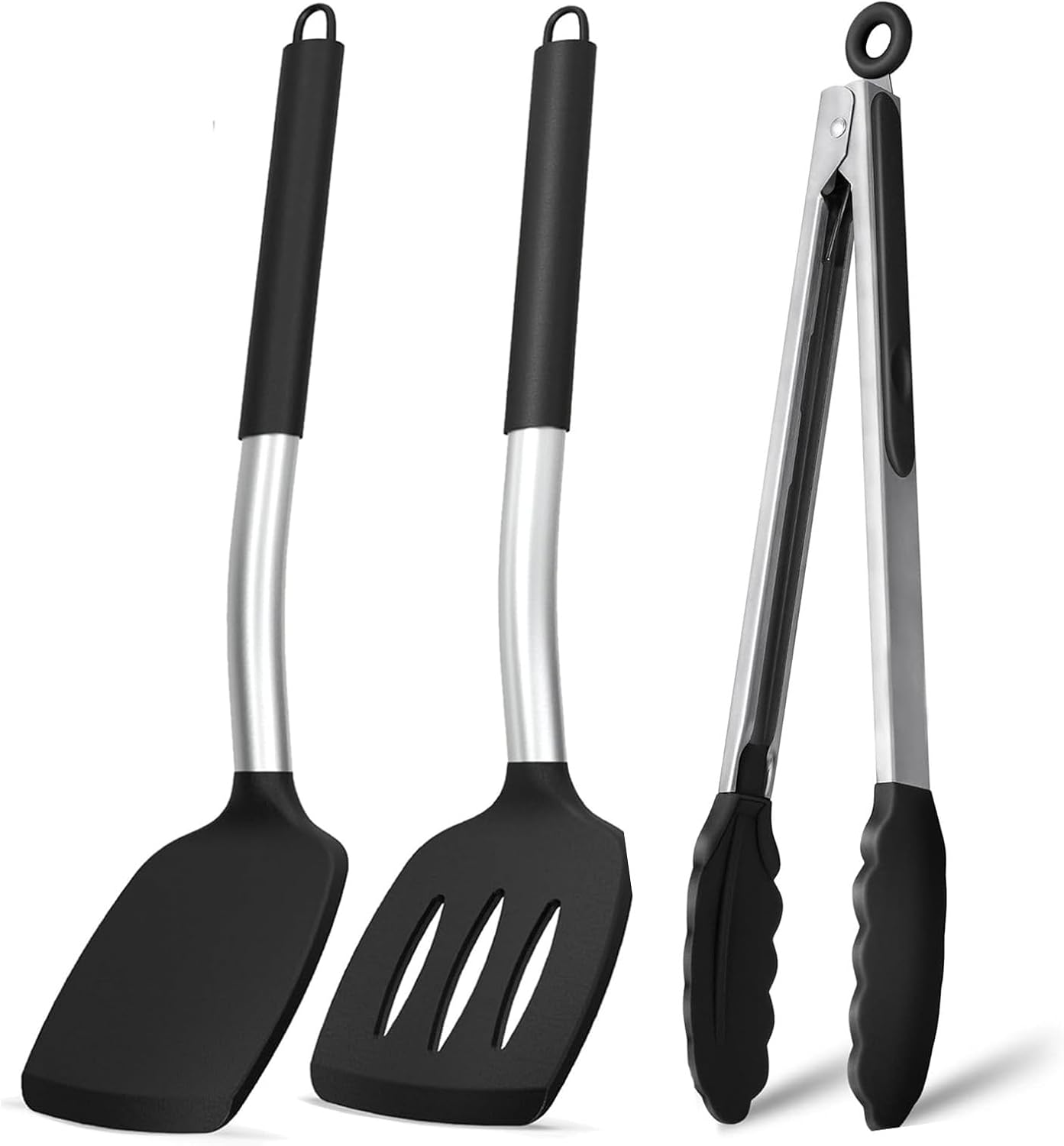 Pack of 3 Silicone Spatula Set Non Stick Slotted Kitchen Spatulas- Stainless Steel High Heat Resistant Solid & Slotted Turner, BPA Free Cookware for Pancakes, Fish, Eggs