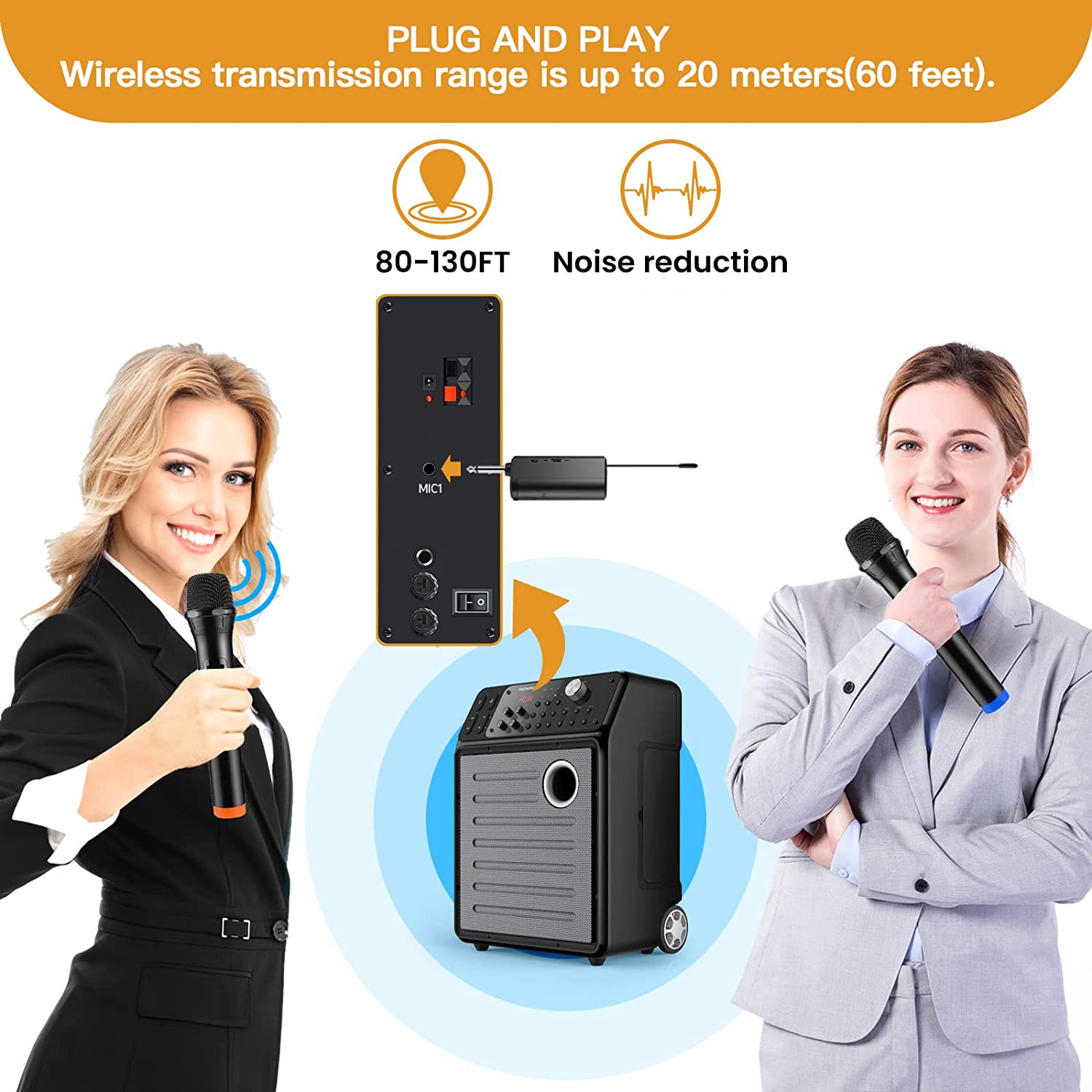 Wireless Microphone Ferbuee Dual Professional Cordless Dynamic Mic Handheld Microphone System for Amplifier, PA System, Karaoke, Meeting, Party, Church, DJ, Wedding, 100Ft