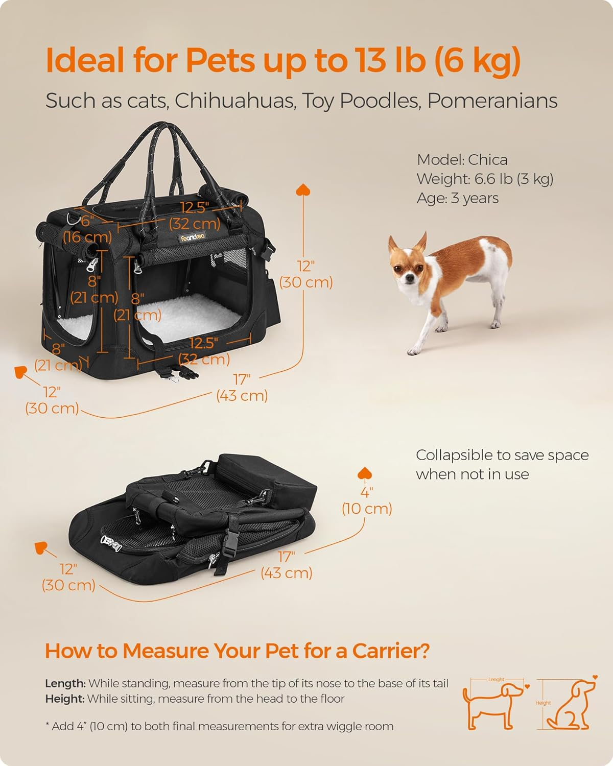 Feandrea Airline Approved Small Dog Carrier, Collapsible Pet Travel Carrier, Size S, with Metal Frame, Leash, Pocket, for Cats and Small Dogs up to 13 Lb, 17 X 12 X 12 Inches, Classic Black UPDC004B01 image number 1