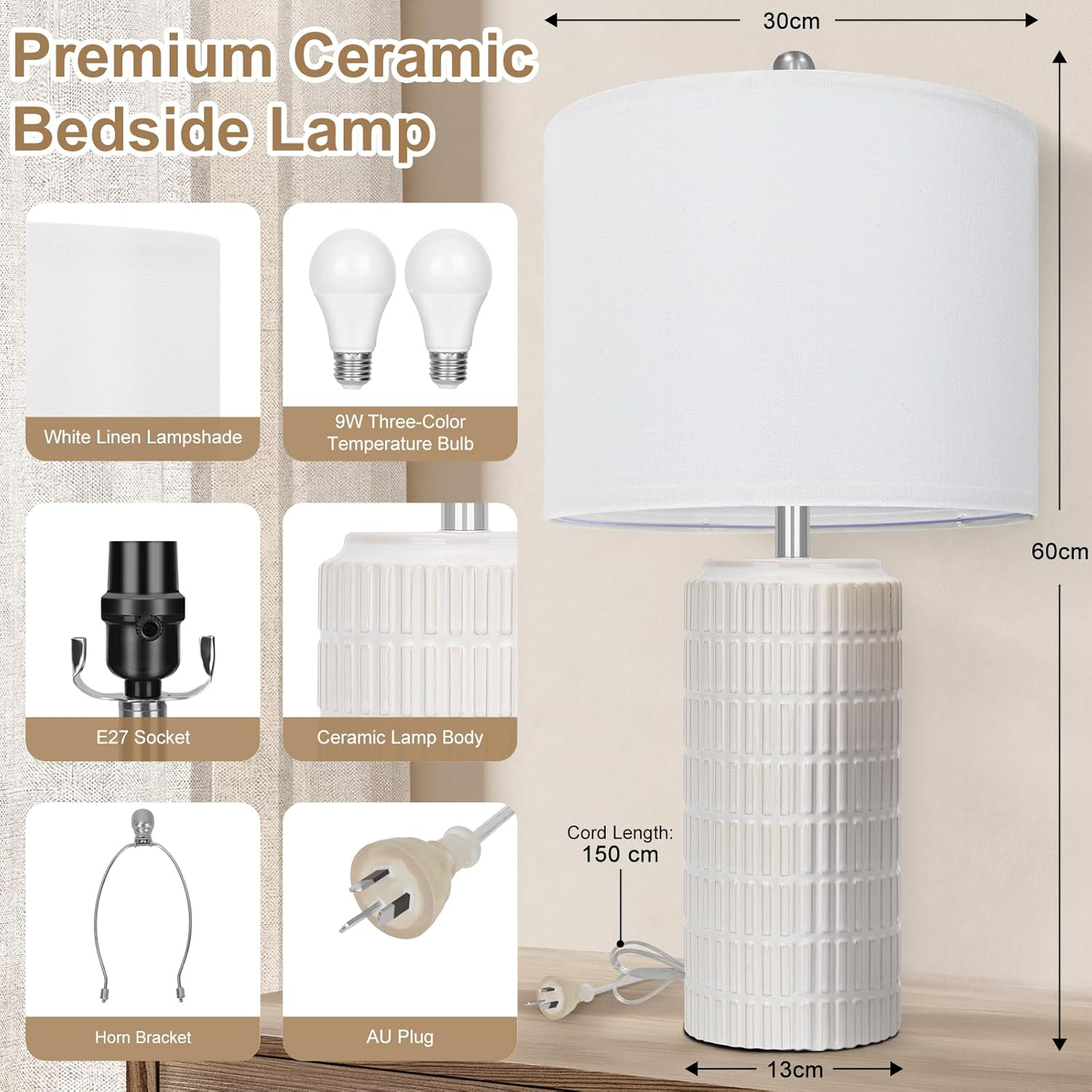 Webcem Ceramic Bedside Table Lamps Set of 2 with 3 Color Temperatures, Modern Lamps for Living Room Bedroom Bathroom Office Hotel Entrance Hall, Nightstand Lamps with White Linen Shade image number 6