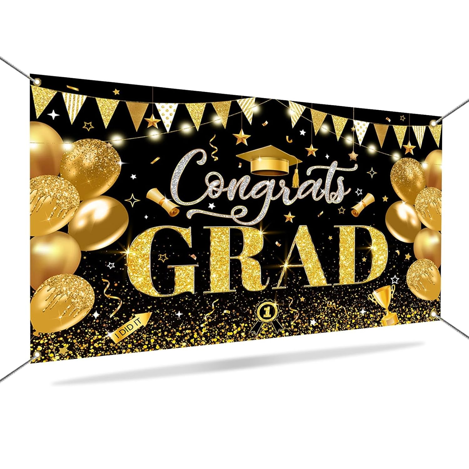 Mocsicka 2025 Graduation Backdrop Gold Black 2025 Graduate Party Decorations Banner Bachelor Cap Congratulations Graduates Photography Backdrop image number 2