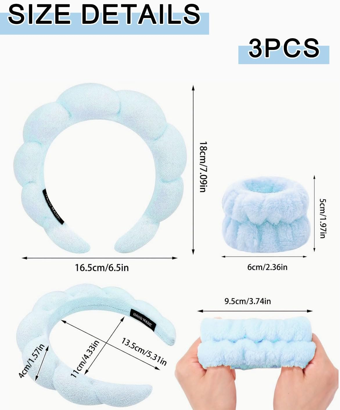 TPZORJX Sponge Headband Bracelet Sets for Washing Face Makeup Headbands for Women Girls Skin Care Removal Spa Yoga Sports Shower Headband Terry Towel Fabric Hair Band - Blue image number 3