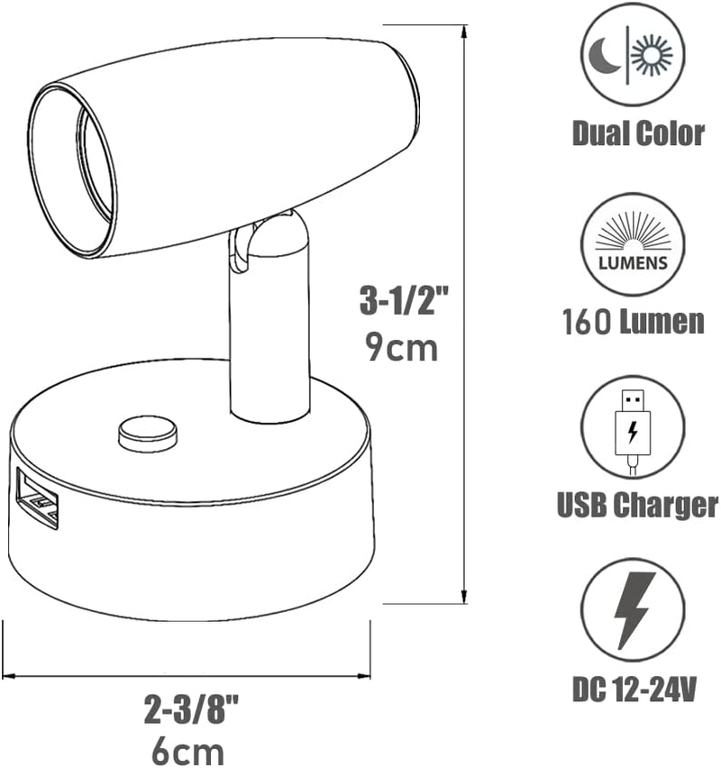 Obeaming RV 12V Reading Light Swivel LED Motorhome Spot Light with Quick USB Charger & Blue Nightlight, Campervan Caravan Boat Van, Aluminium 12-24VDC Hard-Wired, Nickel Finish image number 3