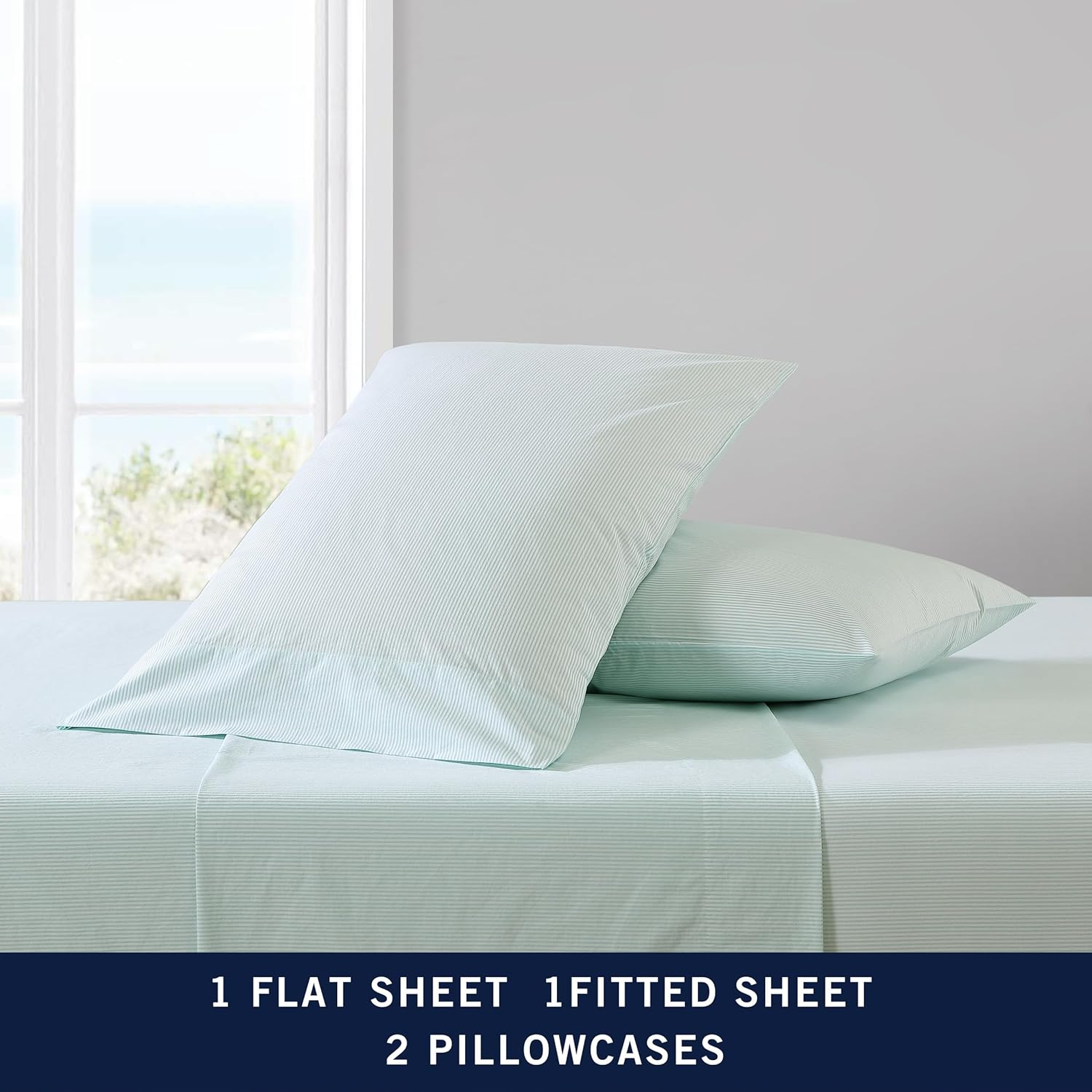 Nautica - Queen Sheet Set, Cotton Percale Bedding Set, Crisp & Cool, Lightweight & Breathable (Penny Pinstripe White, Queen) image number 6