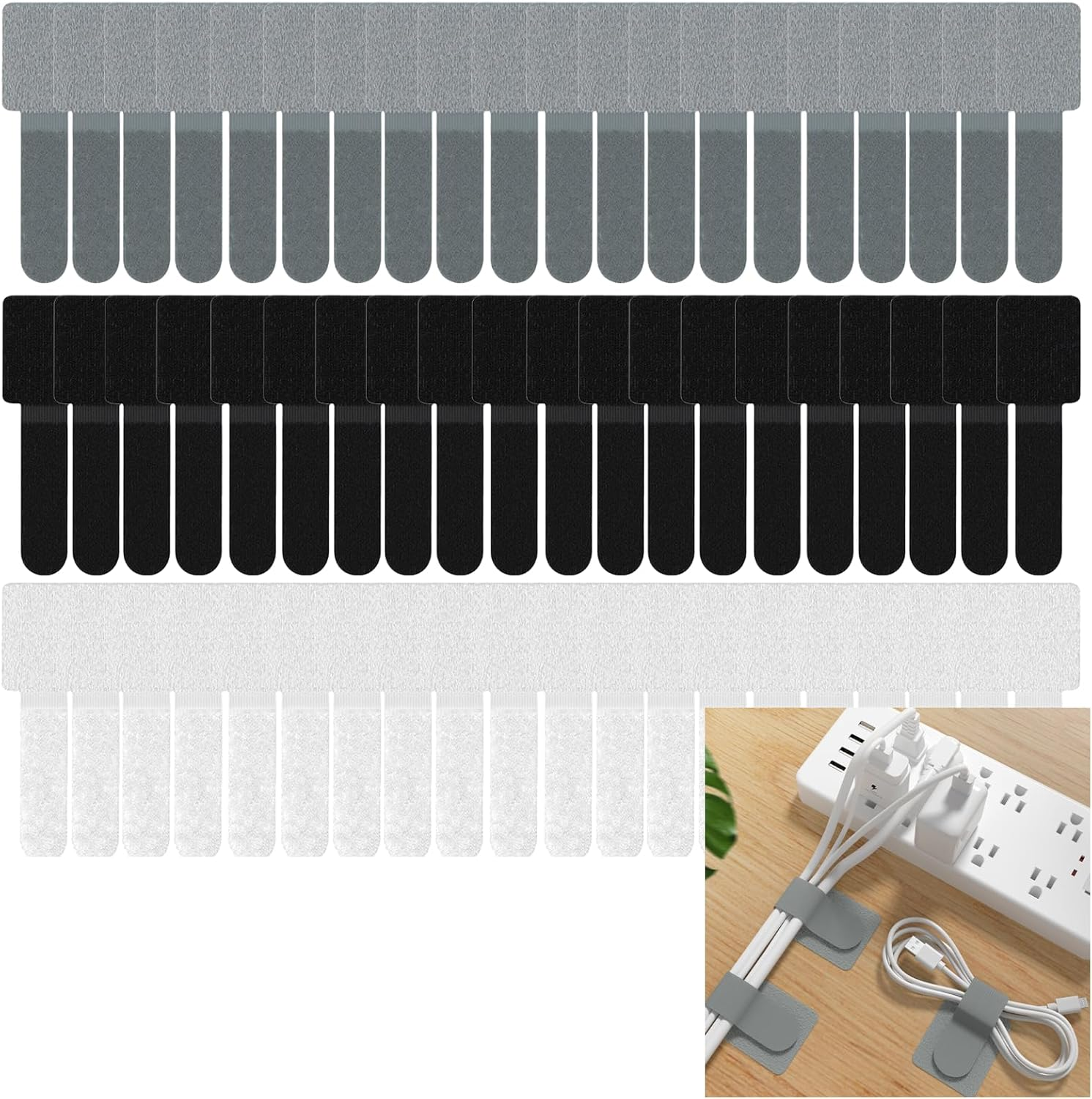 60 Pack Self Adhesive Cable Ties Reusable Fastening and Organizing Data Cables Cable Management Ties Suitable for Headphones Mobile Phones and Electronic Devices under the Table(Black,White,Grey) image number 5
