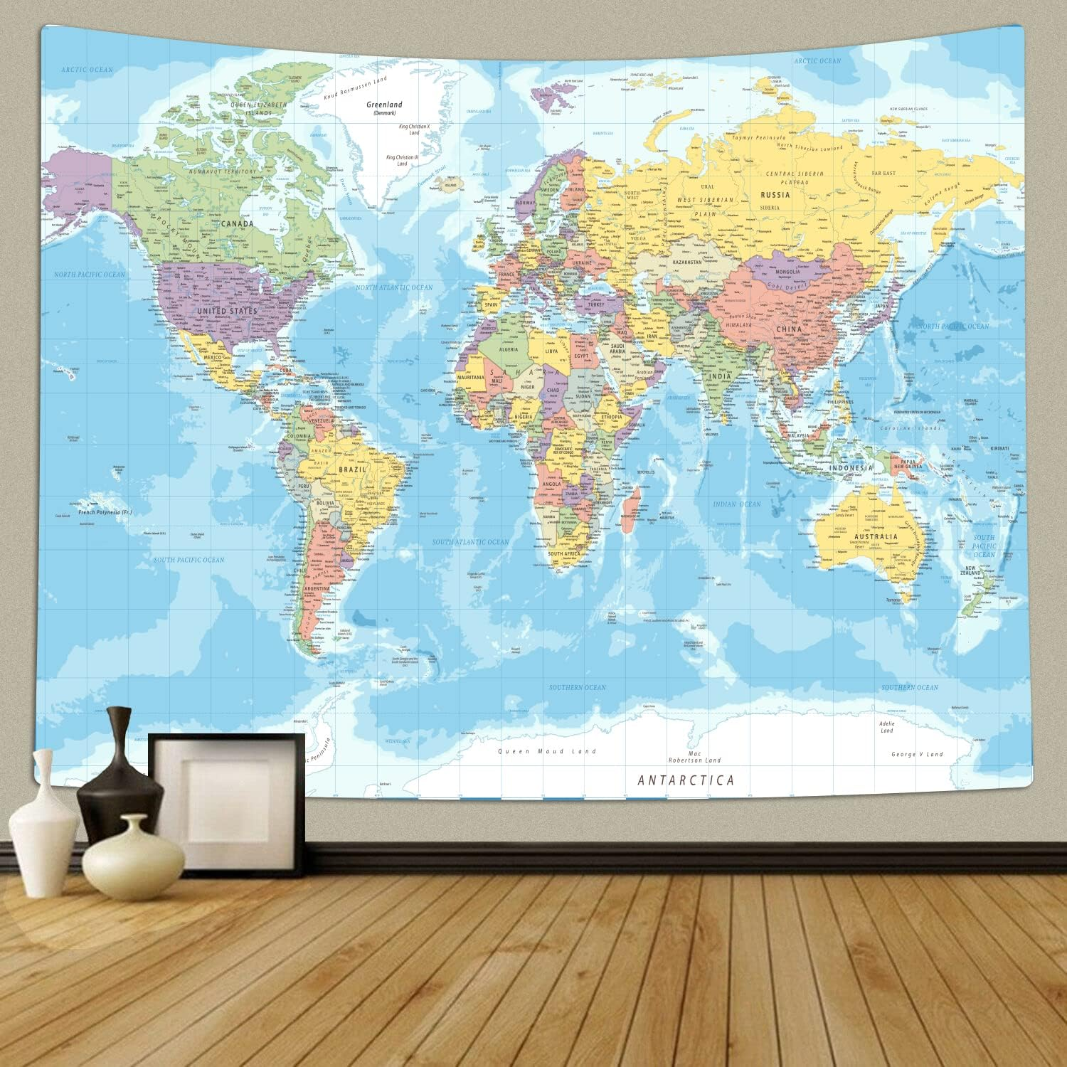 TOMOZ World Map Tapestry Wall Hanging for Kids Student, World Map with Countries and Major Cities Tapestry Educational Tapestry for Bedroom Living Room Dorm Home Decoration 80 X 60Inch image number 6