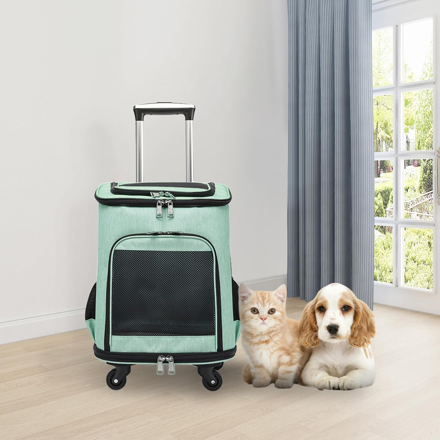 Rolling Pet Carrier, Portable Large Capacity Breathable Pet Carrier with Low Noise Wheels, Side Pocket anti Scratch Cat Backpack for Travel (Green) - Orange image number 7