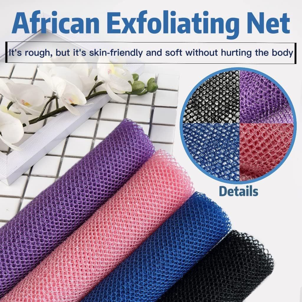 4 Pieces African Exfoliating Net, African Net Sponge, Nylon African Bath Sponge Net, African Net Long Net Bath Sponge Shower Body Scrubber (Black, Blue, Pink, Purple) image number 3