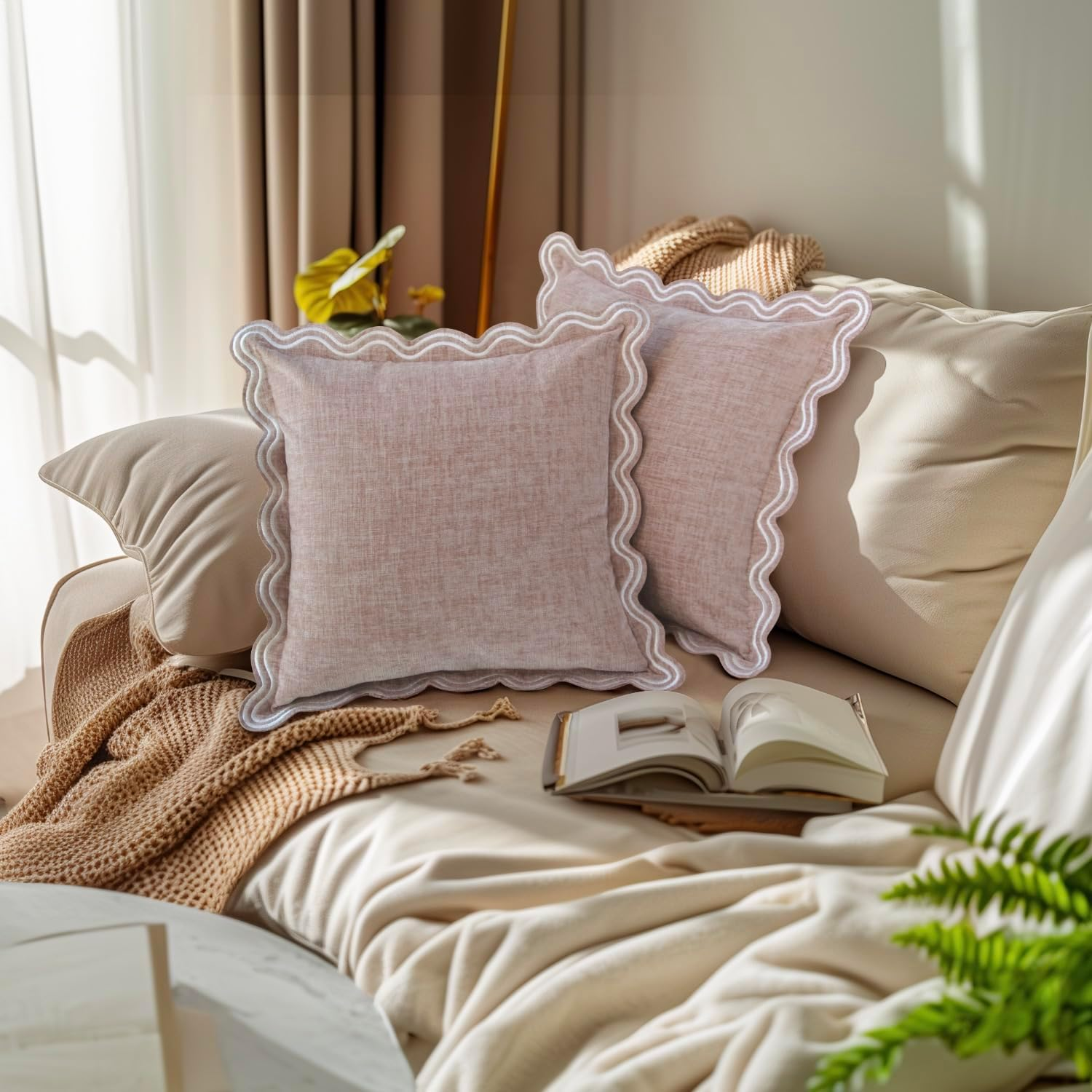 TINYSUN Scalloped Decorative Pillow Covers - Set of 2, Double-Sided Embroidered Scallop Design, Premium Chenille Cushion Covers for Living Room Sofa Couch Bed(Dusty Pink,18X18 Inch) image number 4