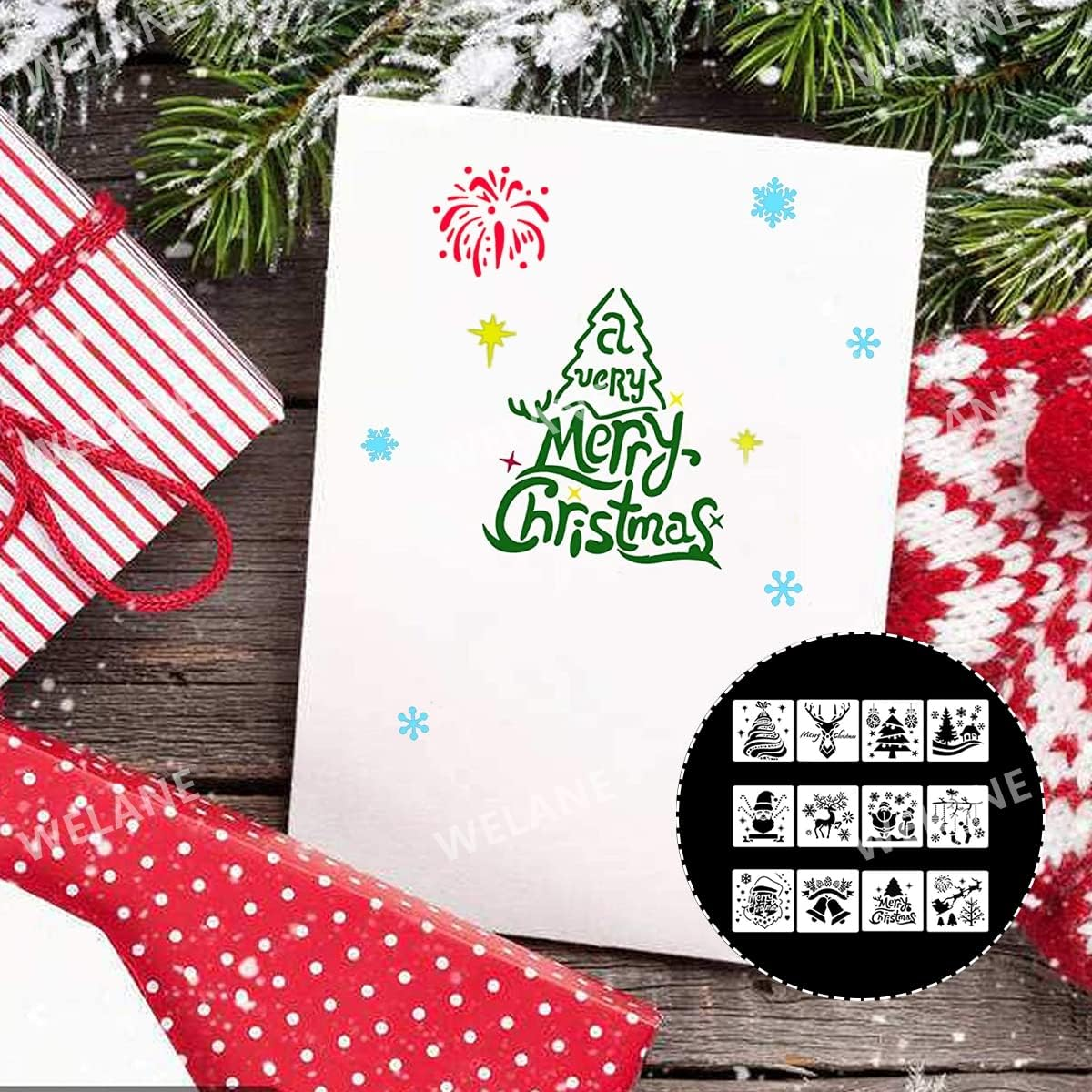 WELANE Christmas Stencils, 12 PCS Plastic Reusable Snowflakes Santa Claus Bells Merry Christmas Painting Stencils for Crafts, Cookie, Paint Decorating (13Cm/5In)