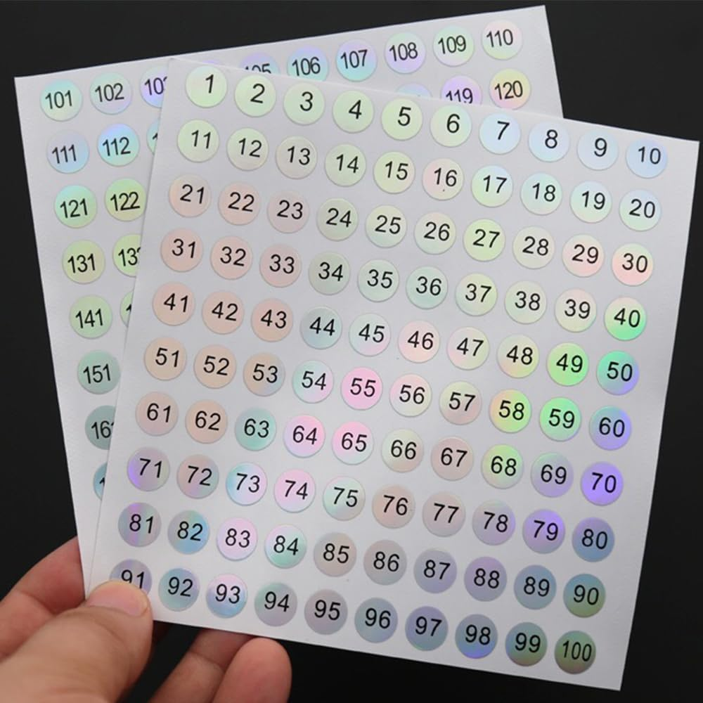 FRAINBOWZ 1 to 200 Waterproof Reflective Laser Number Stickers Circular Self-Adhesive Stickers for Archiving, Coding, Storage, Finishing, Nail Polish Bottle Caps image number 3