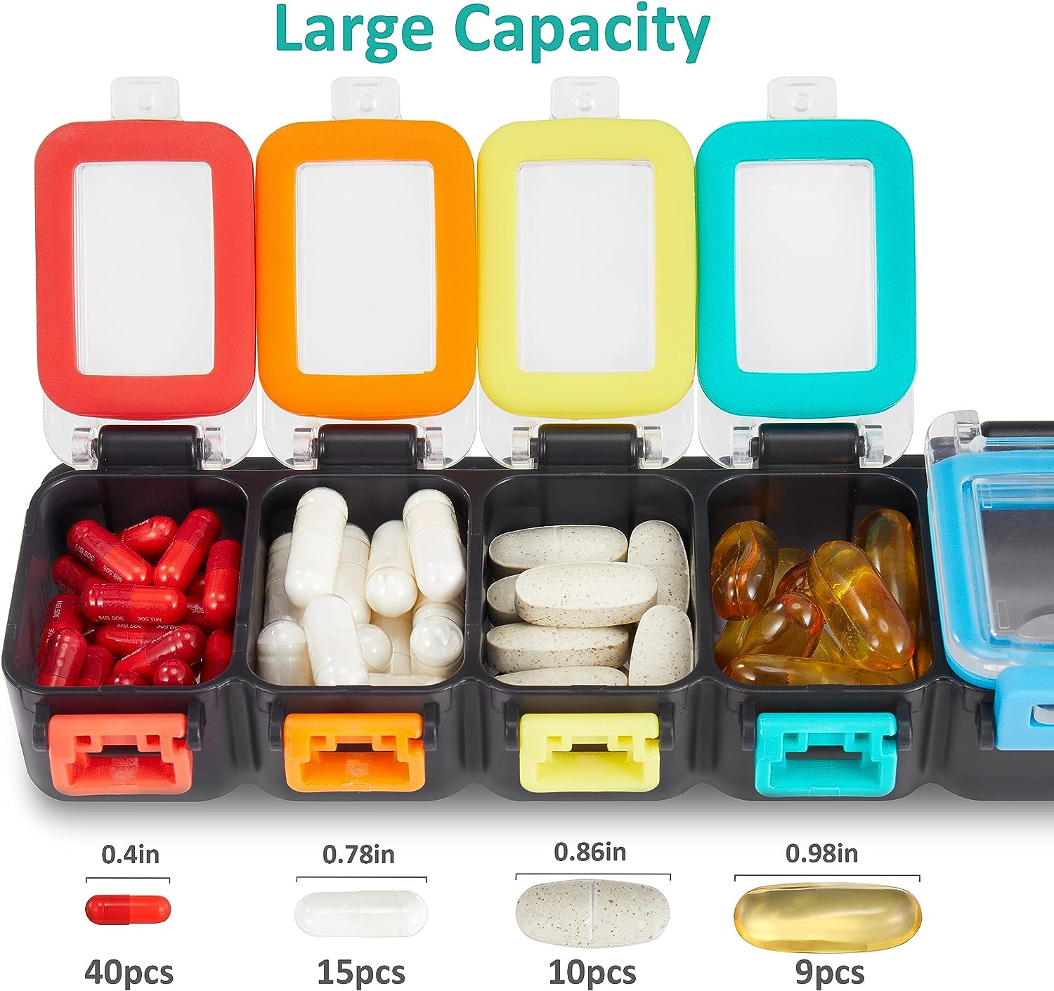 Fullicon Weekly Pill Organizer 7 Day Ultra Moisture and Spill Proof Daily Pill Box, Large Medicine Case with Secure Buckle, Compact Travel Pill Container for Pill, Vitamin, & Fish Oil (Rainbow Black)