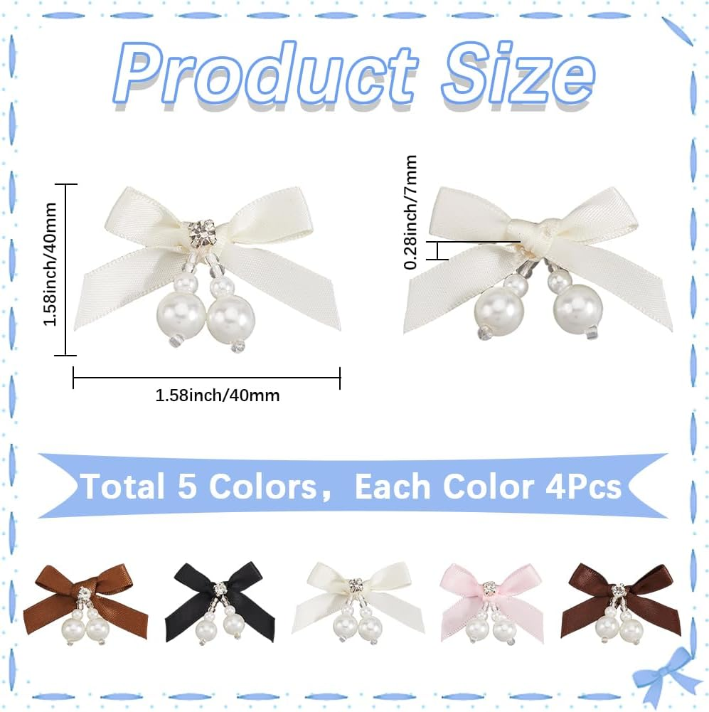 SOFPLATE 5 Color 20Pcs Twist Tie Bows Bulk Tiny Ribbon Bows with Pearls Small Coquette White Pink Brown Black Sweet Cute Satin Pastel Bows for Hair Clip DIY Crafts Sewing Gift Wrapping Valentine Day image number 2