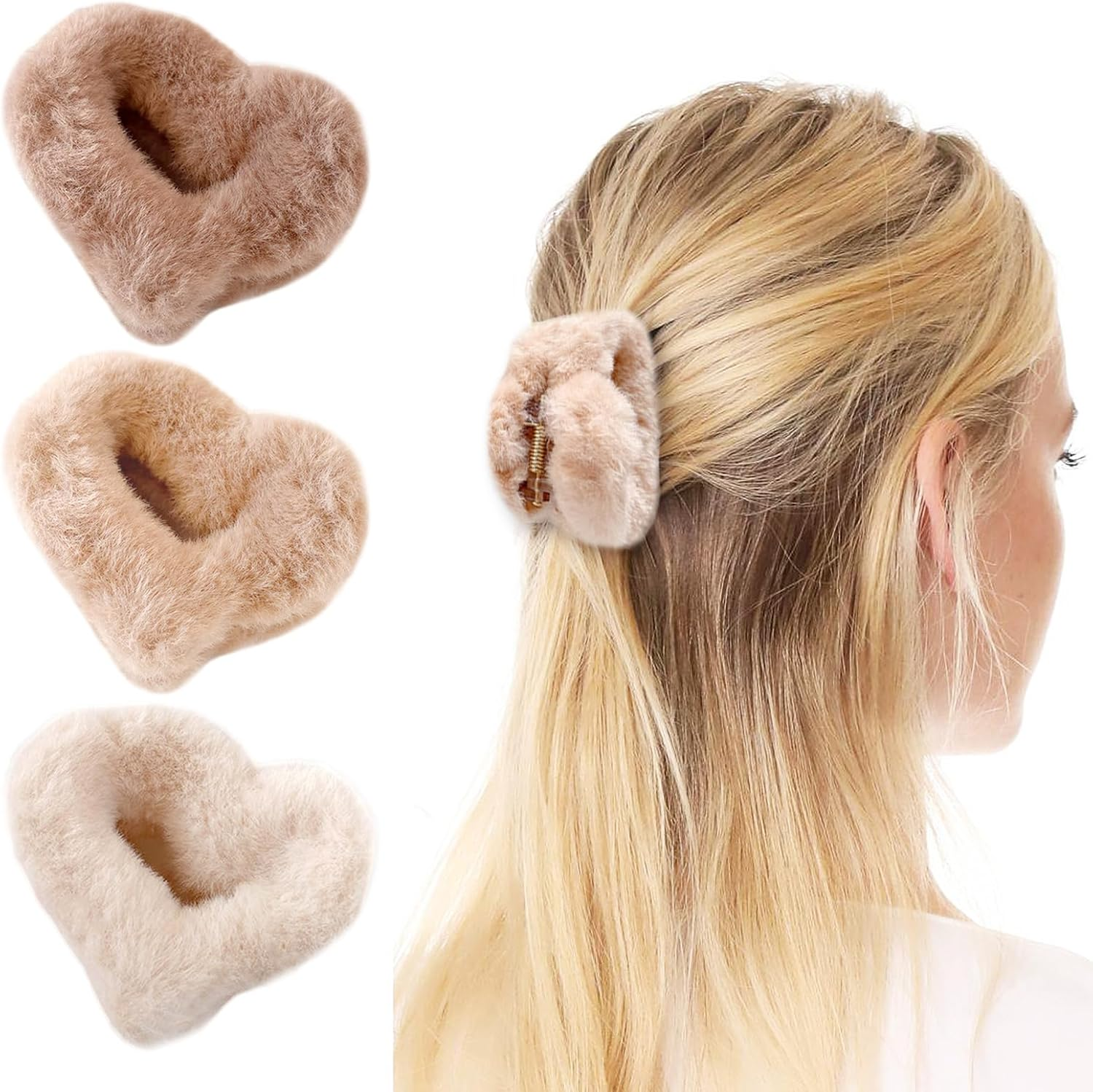3 PCS Heart Shaped Plush Clip,Plush Hair Clips for Thick and Thin Hair,Faux Fur Hair Claw Clips Plush Hair Catch Barrette Jaw Clamp,Fluffy Plush Hair Claw Clips for Women and Girls image number 1