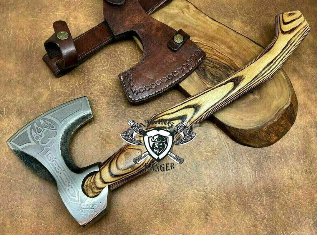 Custom Handmade Gift Forged Carbon Steel Viking Axe with Rose Wood Shaft, Viking Bearded Camping Axe,Annivarsary Gift - with Leather Cover (Axe-294) image number 4