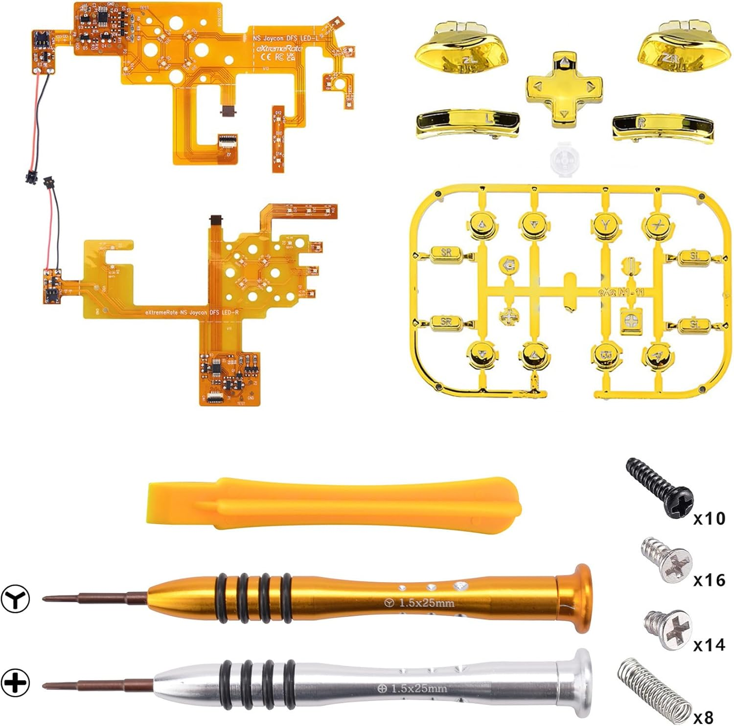 Extremerate 7 Colors 9 Modes NS Joycon DFS LED Kit, Multi-Colors Luminated Chrome Gold Classical Symbols ABXY Trigger Face Buttons for Nintendo Switch & Switch OLED Model Joy-Con - Joycon NOT Included