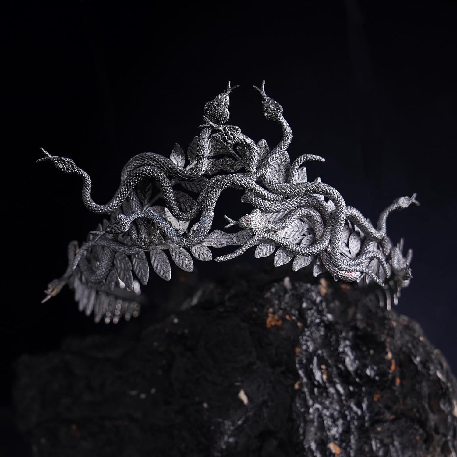 Partyforu Sliver Black Medusa Snake Crown for Halloween Women Cosplay, Greek Goddess Medusa Headband with Laurel for Renaissance