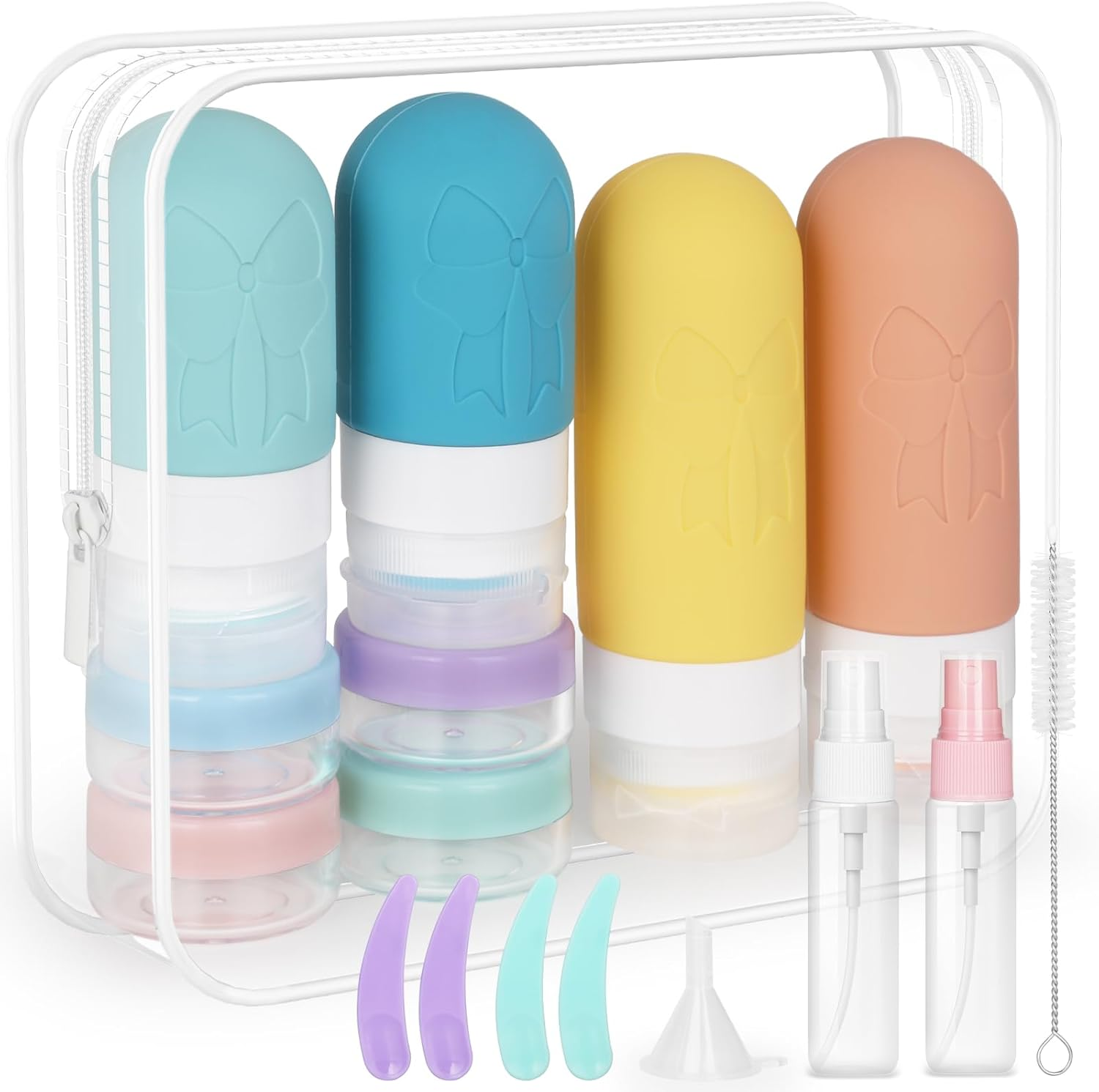 16Pcs Travel Bottles Set, Geeric Silicone Refillable Toiletry Bottle with Funnel,60/90Ml TSA Approved Leak-Proof Small Cream Can Spray Bottle for Shampoo, Lotion,Cream+Waterproof Bag image number 4