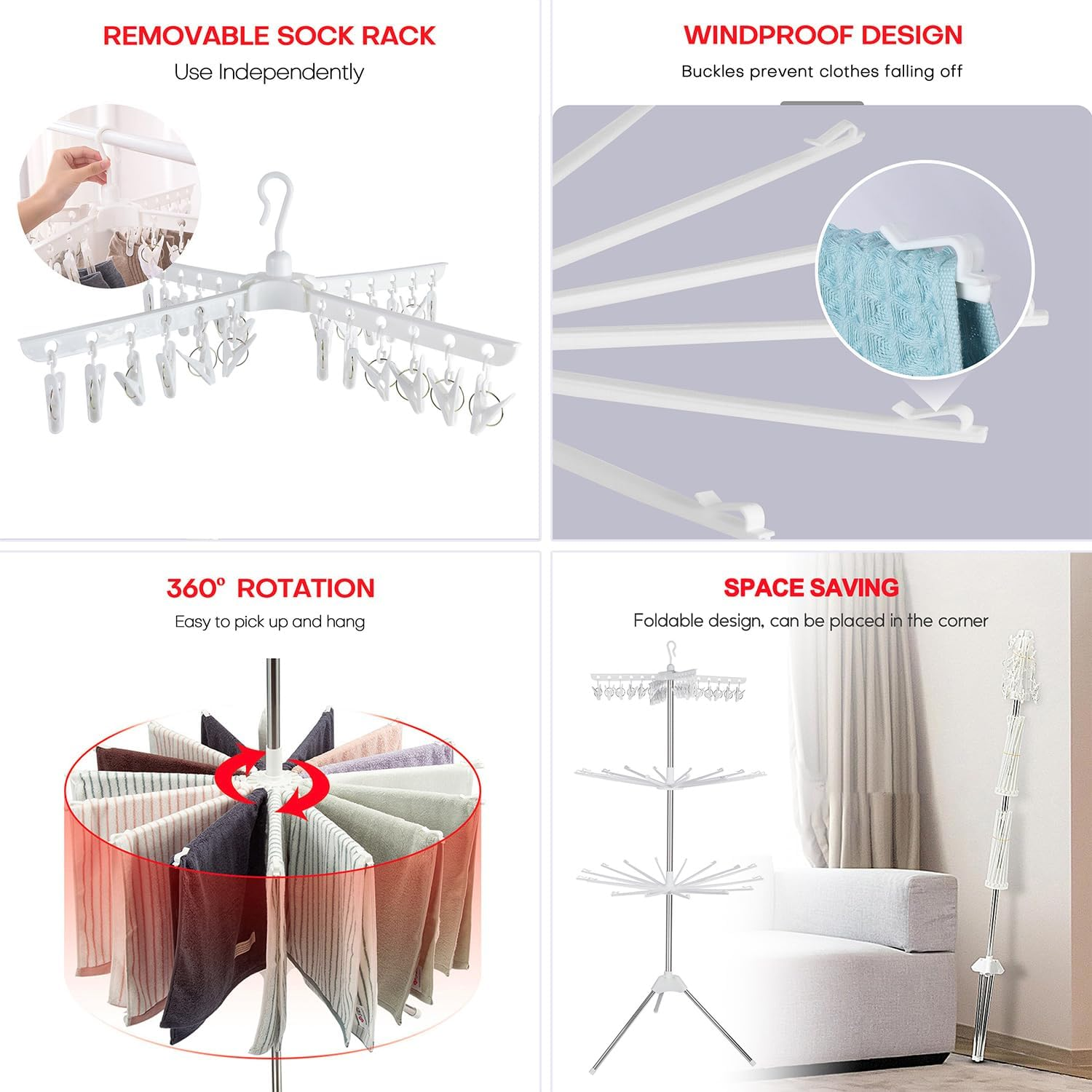 3-Tier Clothes Drying Rack, Folding Laundry Drying Rack, Indoor Outdoor Space Saving Stand Hanger with 24 Clips and 32 Towels Bars for Baby Clothes, Cloth Diapers, Socks, Bras, Towels, Underwear