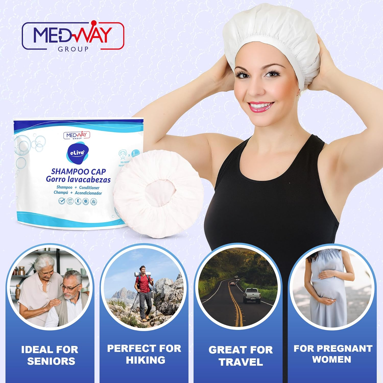 Medvance No Rinse Shampoo Cap | Rinse Free Shower Cap That Shampoos & Conditions | PH Balanced & Hypoallergenic Waterless Hair Wash | 4 Pack image number 1