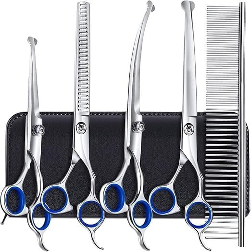 PETHOMEAU Professional Dog Grooming Scissors Kit, 6-Piece Stainless Steel Set with Safety round Tips, Blue