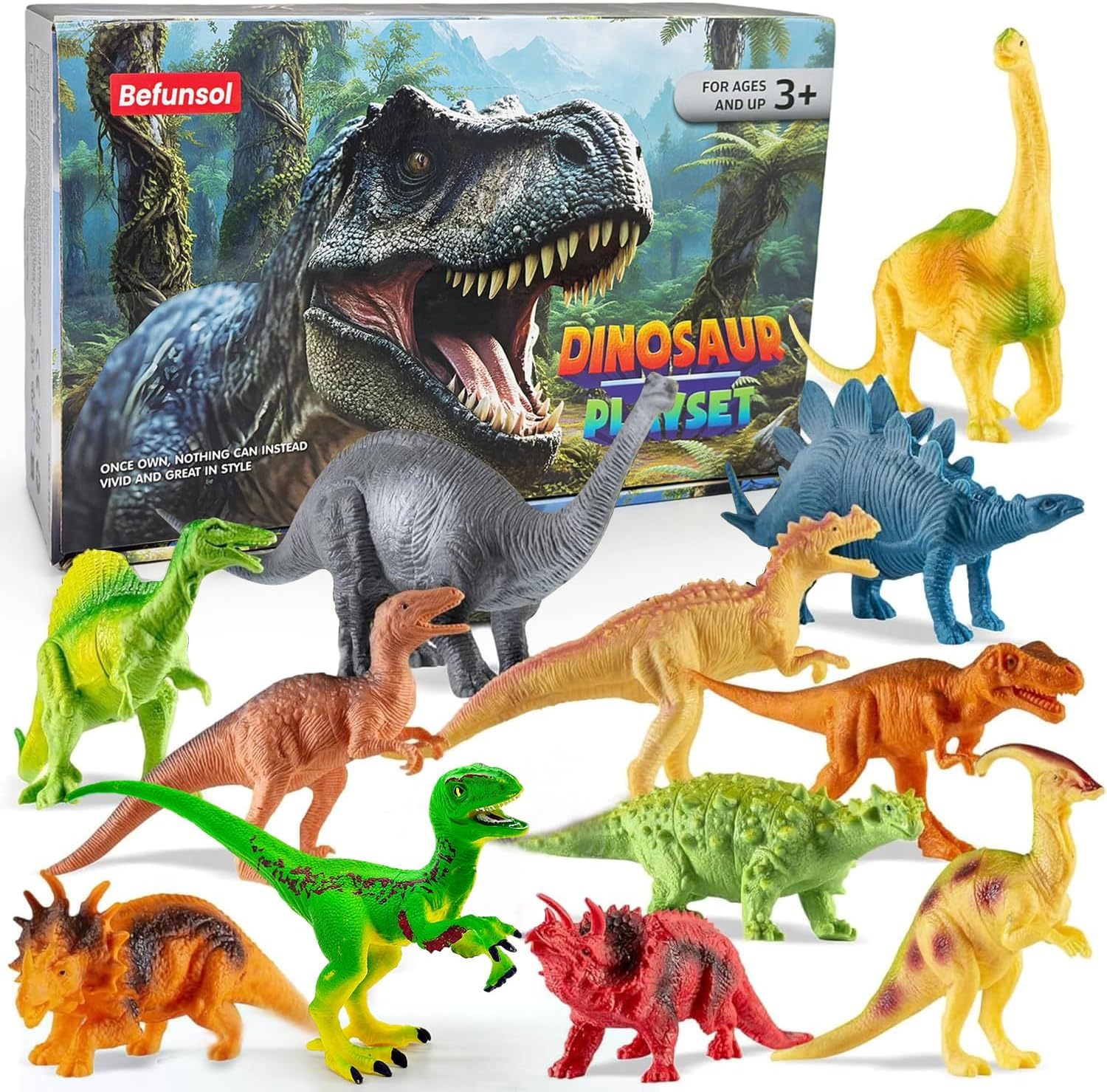 Befunsol Dinosaur Toys for Kids 3-5, 12-Pack Realistic Dinosaur Figures - Spinosaurus, T-Rex, Triceratops & Velociraptor, Dino Toys for 3 Year Old Girls Boys, 3 4 5 6 7 Year Old Girl Boy Gifts image number 3
