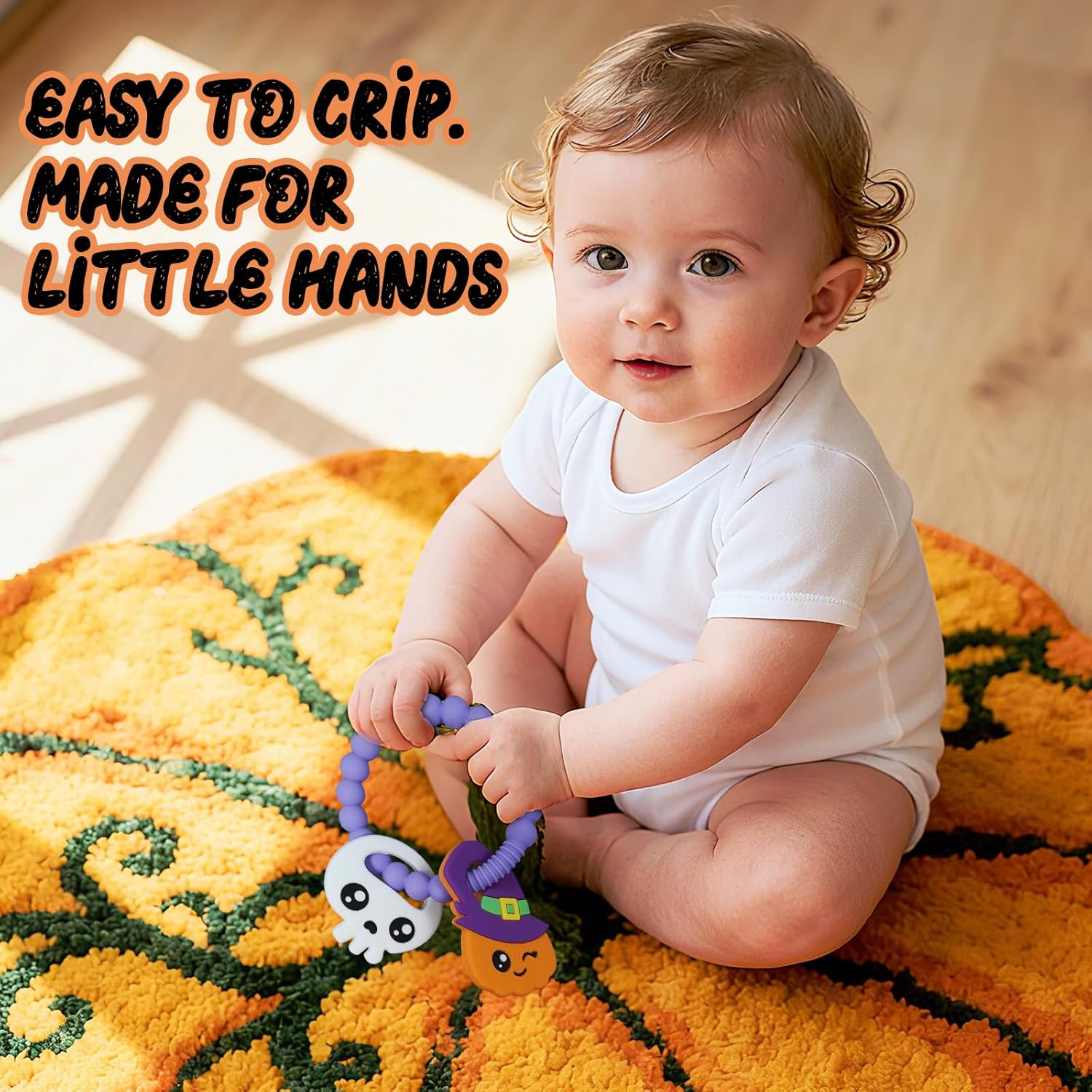 NNAKLLI Halloween Baby Teething Toys, Food Grade Silicone Teether for 3-12 Months, Textured Sensory Chewing Ring for Infants & Toddlers, Boo Basket Stuffer, Great for Baby&rsquo;S First Halloween (Pumpkin & Skeleton) image number 6