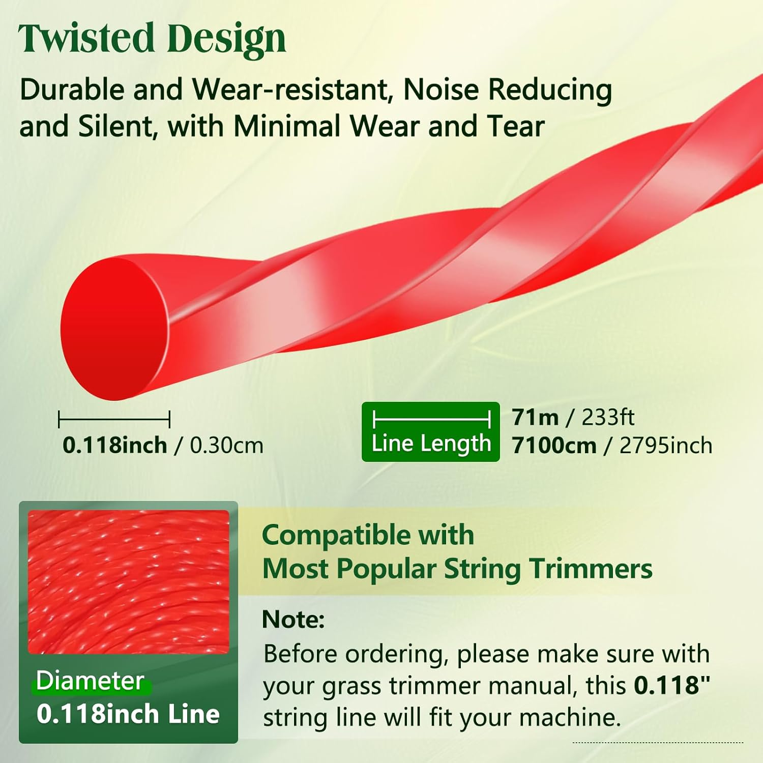 UCINNOVATE 0.118 Inch Twist Whipper Snipper Cord, Commercial Grade 3Mm Spiral Trimmer Line 233Ft/71M, Flexible Nylon Weed Wacker String for Lawn Mower Cutters, Reduce Noise, Wear-Resistant, Orange image number 4