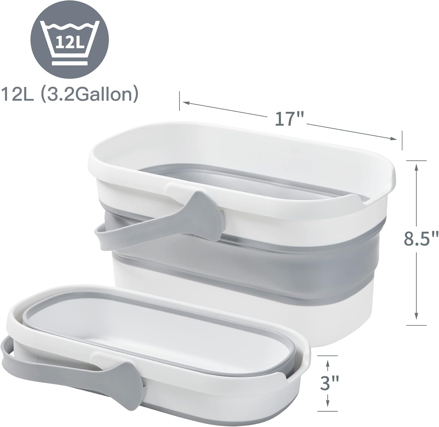 BOOMJOY 12L Collapsible Bucket with Handle, Mop Bucket for Cleaning Water Bucket for Camping, RV, Laundry, Fishing - Grey