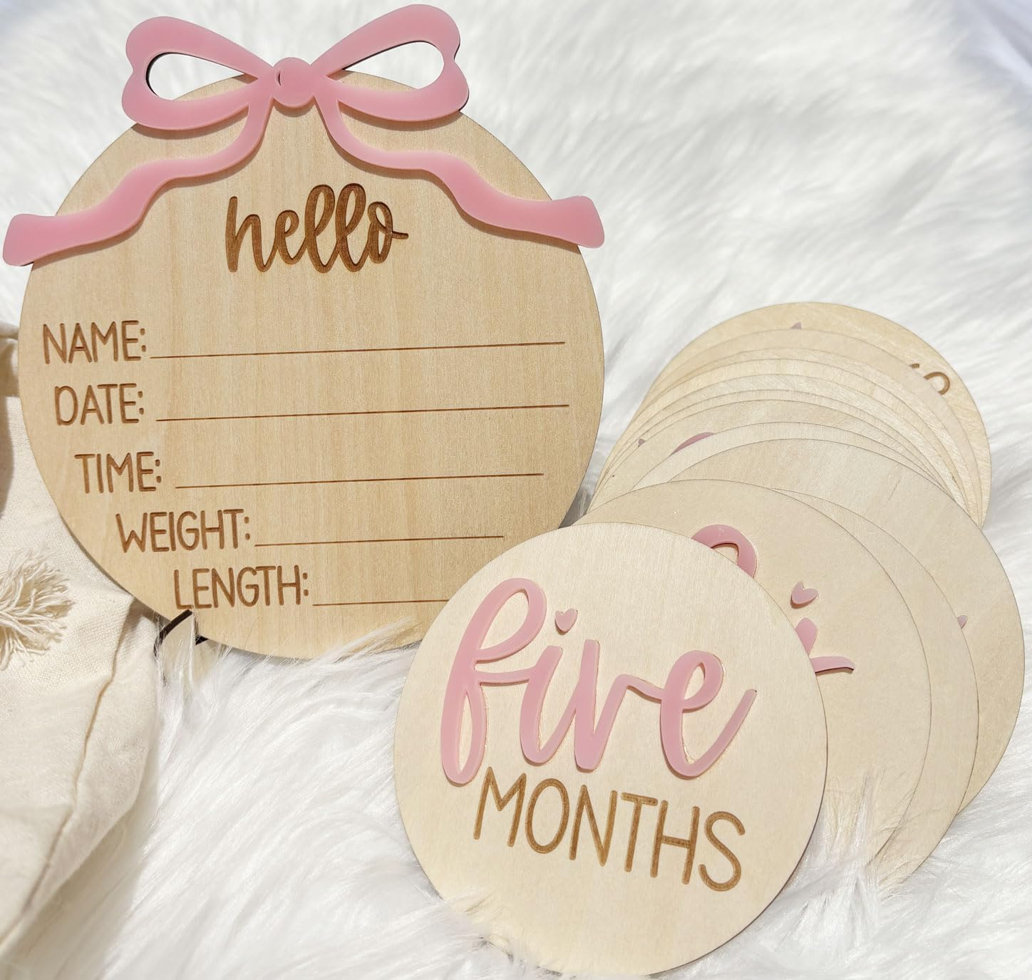 Monthly Baby Milestone Cards for Girls &ndash; 13 Wooden 3D Milestone Discs with Hello World Birth Announcement Sign &ndash; Newborn Photo Props for Baby Girl