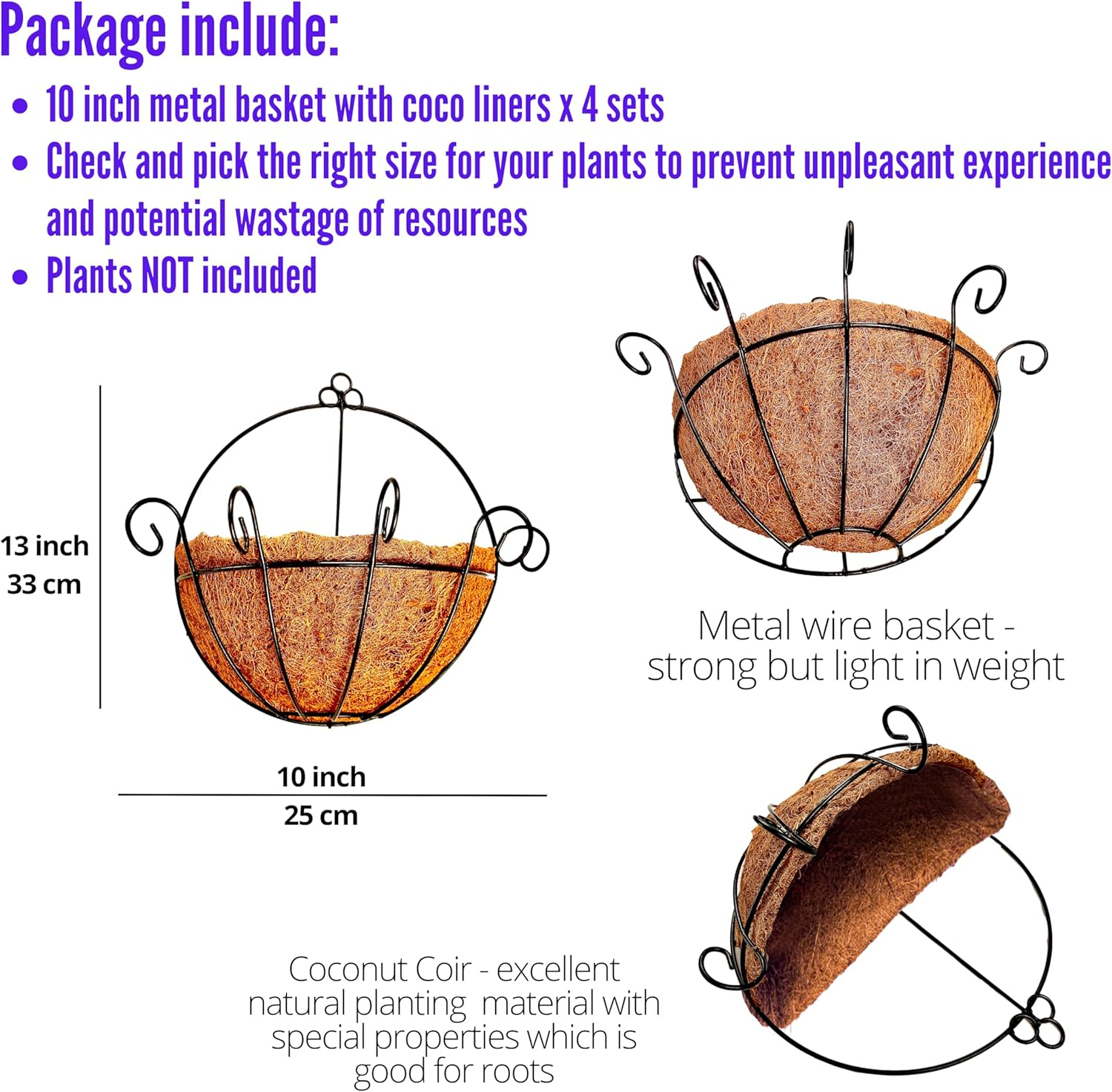 Shoplala Wall Planters for Outdoor Plants (4 Pack, 10 Inch) Metal Black Wire Flower Baskets with Coco Liner, Fence Hanging Planter Balcony over Deck Porch Railing Rail Patio Modern Herb outside Garden image number 5