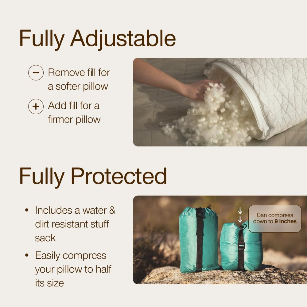Premium Shredded Memory Foam Camping and Travel Pillow with Bamboo Derived Viscose Rayon Cover - Adjustable- Compressible - Includes Stuff Sack Great for Backpacking and Travel 19 X 14 image number 6