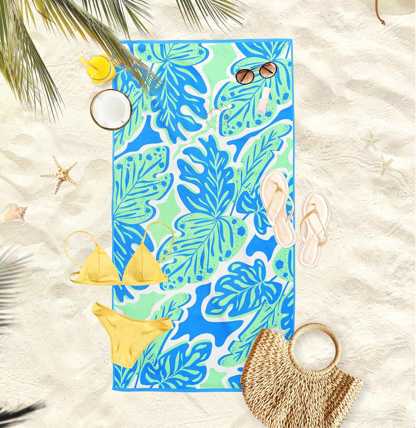 Microfiber Beach Towel, Quick Dry Travel Towel Large Sand Free Towel for Beach, Camping, Swim Pool, Gym, Sports& Yoga180Cm X100Cm (Blue Leaves)