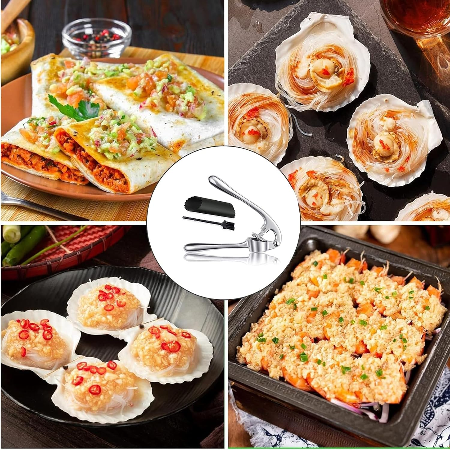 Garlic Press, Garlic Cutter with Garlic Peeler and Cleaning Brush, Garlic Cutter Garlic Press and Dishwasher Safe, Comfortable and Easy to Clean, Zinc, Silver image number 2